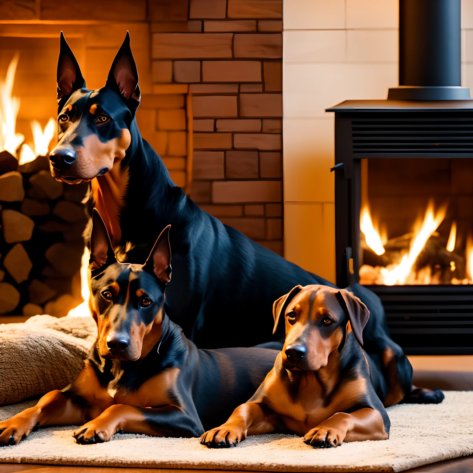Doberman、Dog relaxing in front of a warm fireplace、and soft natural lighting