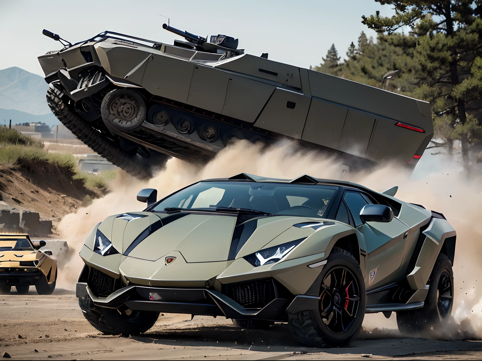 motor car、(lamborghini)、(military vehicle:1.5)、machine guns、rubble、high-detail、Photorealsitic、running in the city、Strong car、(sportscar)、SUV