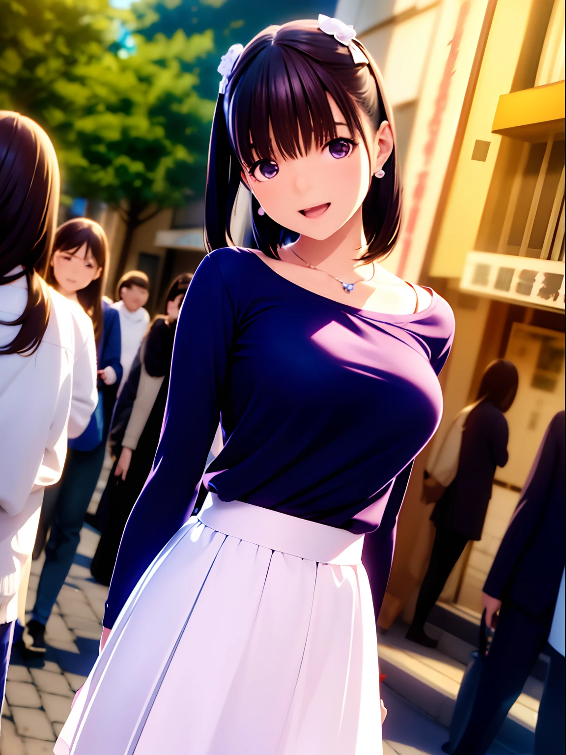 hight resolution,8K,Best Quality,detaileds,semi - realistic anime,Anime 3D Style,Smooth Anime CG,1 girl in,20 year old woman in Japan,slim,modeled,shiny chestnut hair,Medium Hair,Detailed face,Beautiful and detailed eyes,Glowing skin,(Long sleeve top、long  skirt),earring beautiful,a necklace,tag, with light glowing, plein air, (a street:0.8), (a person, Large crowds:1),Beautiful details sky, (dynamicposes:0.8),Hard Focus、film grains,Soft lighting,the wind,looking at the viewers,Smile with open mouth