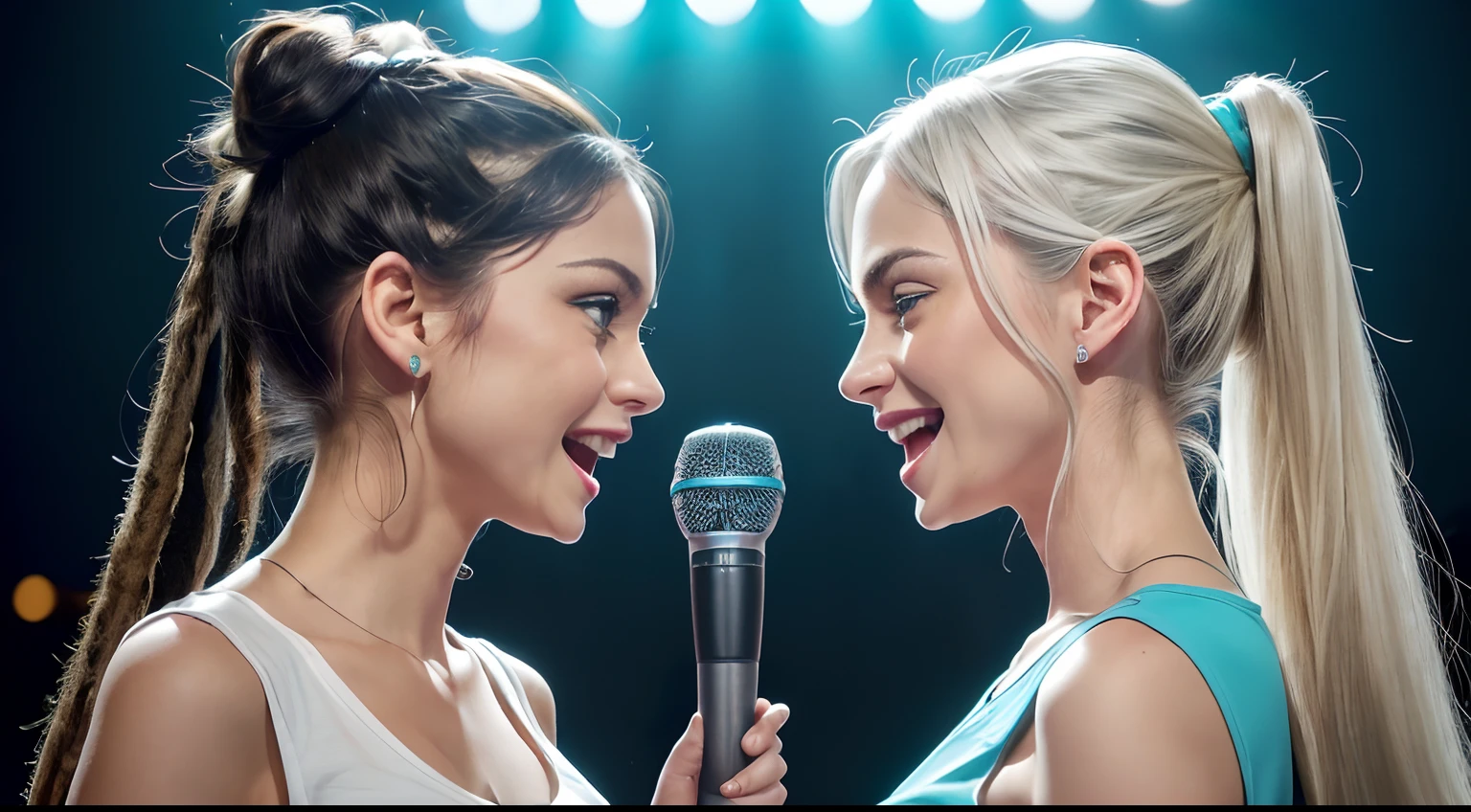 (Ponytail hairstyle), (Ponytail hairstyle), (Ponytail hairstyle), (whaite hair:1.5), Beautiful white hair with long hair, Abundant long white hair, (Woman in her 40s), (Woman in her 40s), (Woman in her 40s), (Caucasian), (Caucasian), (Caucasian), (Caucasian), (Caucasian), (Caucasian), (white skinned:1.3) , (white skinned:1.3), (white skinned:1.3), (white skinned:1.3), (skin luster: 1.5,), (skin luster: 1.5,), (skin luster: 1.5,), (American actress Elena Camporis) femele: 40yearsold , White skin, (Black tank top shirt), (Ripped jean shorts), (Black tank top shirt), (Ripped jean shorts), (Ripped jean shorts), Fine details, Front view, Medium Tits, Blue Eyes, (Small hips), (slim thigh), , Sorrisos, Sorrisos, Sorrisos. (Medium Tits), (Large and delicate eyes), (turquoise Eyes), (Sorrisos), (Medium Tits), (Large and delicate eyes), (turquoise Eyes), (Sorrisos, (Medium Tits), (Large and delicate eyes), (turquoise Eyes), (Large and delicate eyes), (Sorrisos), (Large and delicate eyes), (Sorrisos), (Large and delicate eyes), (Large and delicate eyes), (Large and delicate eyes), (Large and delicate eyes), (Large and delicate eyes), (Large and delicate eyes), (Reggae style), (Hip-hop style), (Reggae style), (Hip-hop style), (Reggae style), (Hip-hop style), (Lights on the face), (Lights on the face), (Lights on the face), (frontlit), (frontlit), (frontlit), (frontlit), (frontlit), (Sorrisos), (Sorrisos), (Sorrisos), (Two women holding microphones look at each other and sing), (Two women holding microphones look at each other and sing), (Two women holding microphones look at each other and sing), (Two women holding microphones look at each other and sing), (Two women holding microphones look at each other and sing), (Two women holding microphones look at each other and sing), (Singing on the club stage), (dark lighting), (Singing on the club stage), (dark lighting), (Singing on the club stage), (dark lighting)