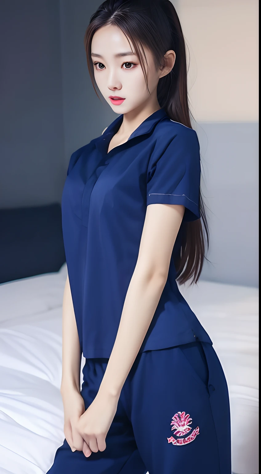 masterpiece, best quality, ultra realistic, hyper-detailed, 8k resolution, RAW photo, sharp focus, (2 girl in bed room), ((navy shirt:1.1)), short sleeves, long trackpant, perfect body, 2 mature female, 18yo, cinematic light, Gym Wear, Sweatpants, long-haired