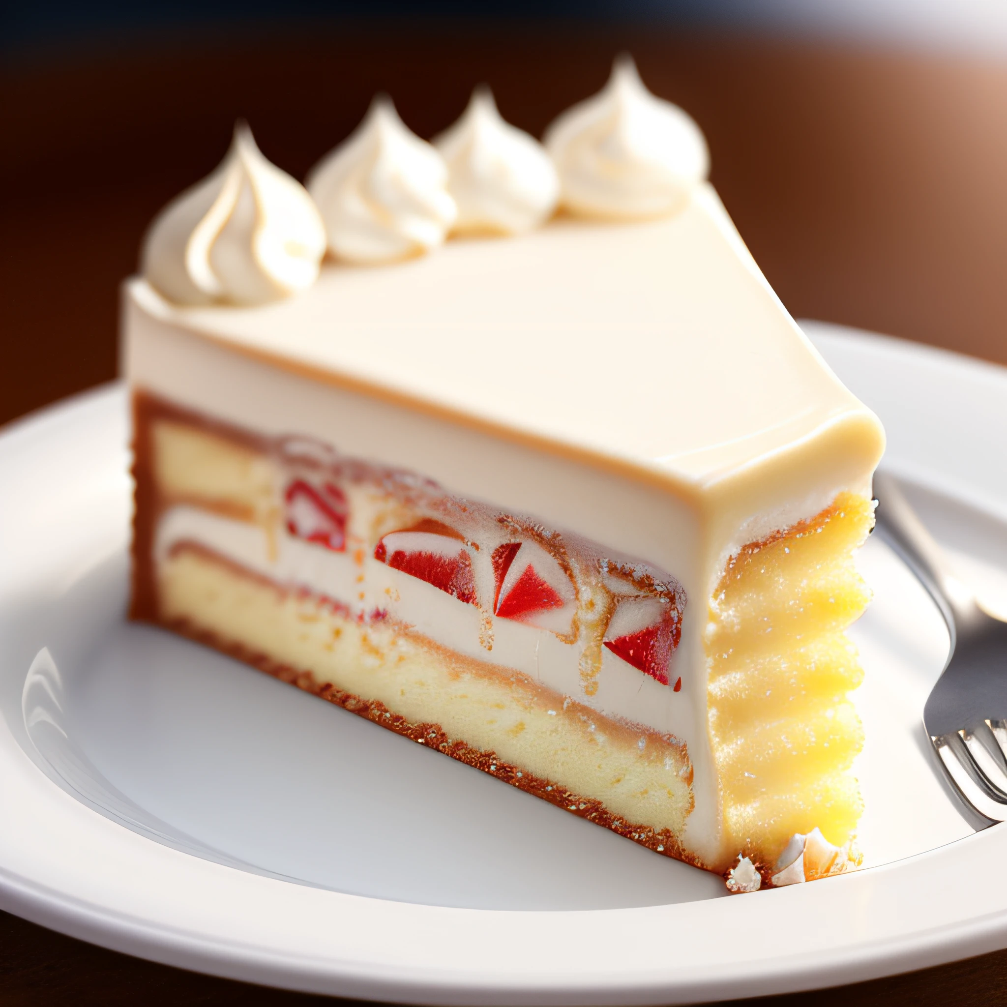 (raw photo), masterpiece, high quality, best quality, full cream cake on a plate, foodphoto, blurred background, full view, 8k, excellent quality.