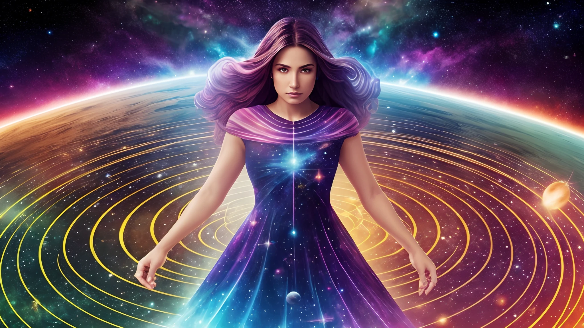 uma mulher, cabelos ruivos, em um vestido branco longo, corpo perfeito, de costas, standing in front of a large circle of energy into outer space, Another planetary dimension, muitas cores, luzes coloridas, --auto --s2