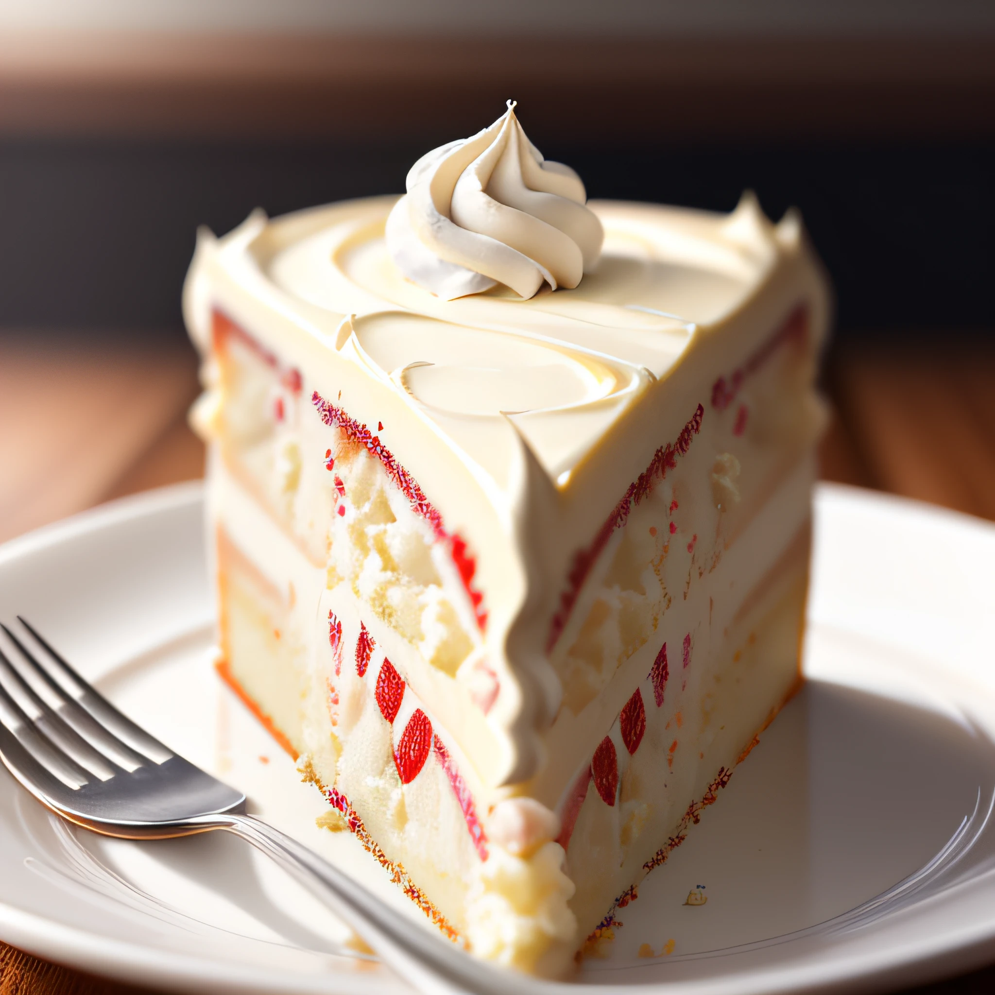 (raw photo), masterpiece, high quality, best quality, full cream cake on a plate, foodphoto, blurred background, full view, 8k, excellent quality.