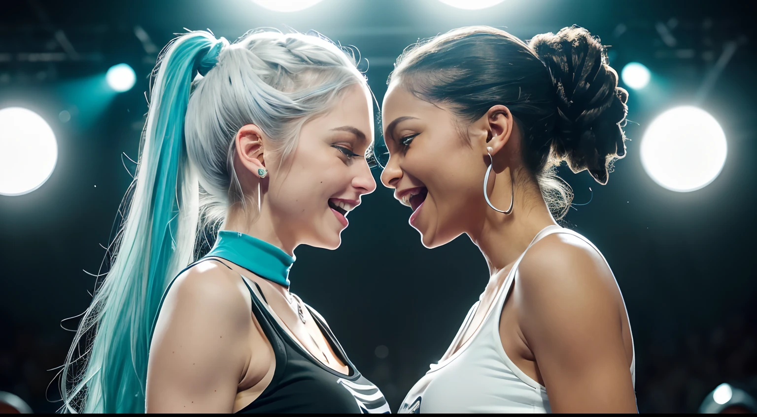 (Ponytail hairstyle), (Ponytail hairstyle), (Ponytail hairstyle), (whaite hair:1.5), Beautiful white hair with long hair, Abundant long white hair, (Woman in her 40s), (Woman in her 40s), (Woman in her 40s), (Caucasian), (Caucasian), (Caucasian), (Caucasian), (Caucasian), (Caucasian), (white skinned:1.3) , (white skinned:1.3), (white skinned:1.3), (white skinned:1.3), (skin luster: 1.5,), (skin luster: 1.5,), (skin luster: 1.5,), (American actress Elena Camporis) femele: 40yearsold , White skin, (Black tank top shirt), (Ripped jean shorts), (Black tank top shirt), (Ripped jean shorts), (Ripped jean shorts), Fine details, Front view, Medium Tits, Blue Eyes, (Small hips), (slim thigh), , Sorrisos, Sorrisos, Sorrisos. (Medium Tits), (Large and delicate eyes), (turquoise Eyes), (Sorrisos), (Medium Tits), (Large and delicate eyes), (turquoise Eyes), (Sorrisos, (Medium Tits), (Large and delicate eyes), (turquoise Eyes), (Large and delicate eyes), (Sorrisos), (Large and delicate eyes), (Sorrisos), (Large and delicate eyes), (Large and delicate eyes), (Large and delicate eyes), (Large and delicate eyes), (Large and delicate eyes), (Large and delicate eyes), (Reggae style), (Hip-hop style), (Reggae style), (Hip-hop style), (Reggae style), (Hip-hop style), (Lights on the face), (Lights on the face), (Lights on the face), (frontlit), (frontlit), (frontlit), (frontlit), (frontlit), (Sorrisos), (Sorrisos), (Sorrisos), (Two women holding microphones look at each other and sing), (Two women holding microphones look at each other and sing), (Two women holding microphones look at each other and sing), (Two women holding microphones look at each other and sing), (Two women holding microphones look at each other and sing), (Two women holding microphones look at each other and sing), (Singing on the club stage), (dark lighting), (Singing on the club stage), (dark lighting), (Singing on the club stage), (dark lighting)