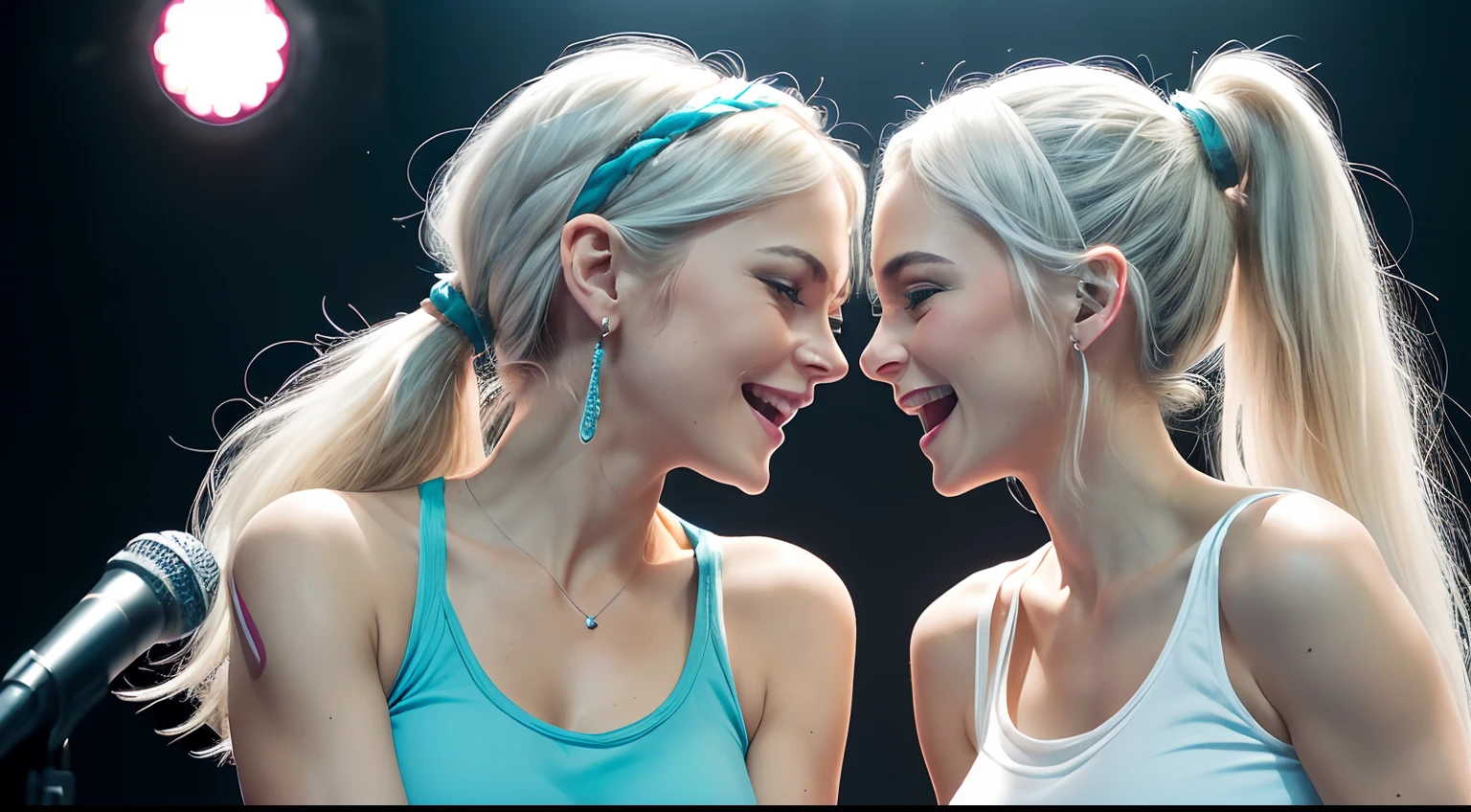 (Ponytail hairstyle), (Ponytail hairstyle), (Ponytail hairstyle), (whaite hair:1.5), Beautiful white hair with long hair, Abundant long white hair, (Woman in her 40s), (Woman in her 40s), (Woman in her 40s), (Caucasian), (Caucasian), (Caucasian), (Caucasian), (Caucasian), (Caucasian), (white skinned:1.3) , (white skinned:1.3), (white skinned:1.3), (white skinned:1.3), (skin luster: 1.5,), (skin luster: 1.5,), (skin luster: 1.5,), (American actress Elena Camporis) femele: 40yearsold , White skin, (Black tank top shirt), (Ripped jean shorts), (Black tank top shirt), (Ripped jean shorts), (Ripped jean shorts), Fine details, Front view, Medium Tits, Blue Eyes, (Small hips), (slim thigh), , Sorrisos, Sorrisos, Sorrisos. (Medium Tits), (Large and delicate eyes), (turquoise Eyes), (Sorrisos), (Medium Tits), (Large and delicate eyes), (turquoise Eyes), (Sorrisos, (Medium Tits), (Large and delicate eyes), (turquoise Eyes), (Large and delicate eyes), (Sorrisos), (Large and delicate eyes), (Sorrisos), (Large and delicate eyes), (Large and delicate eyes), (Large and delicate eyes), (Large and delicate eyes), (Large and delicate eyes), (Large and delicate eyes), (Reggae style), (Hip-hop style), (Reggae style), (Hip-hop style), (Reggae style), (Hip-hop style), (Lights on the face), (Lights on the face), (Lights on the face), (frontlit), (frontlit), (frontlit), (frontlit), (frontlit), (Sorrisos), (Sorrisos), (Sorrisos), (Two women holding microphones look at each other and sing), (Two women holding microphones look at each other and sing), (Two women holding microphones look at each other and sing), (Two women holding microphones look at each other and sing), (Two women holding microphones look at each other and sing), (Two women holding microphones look at each other and sing), (Singing on the club stage), (dark lighting), (Singing on the club stage), (dark lighting), (Singing on the club stage), (dark lighting)
