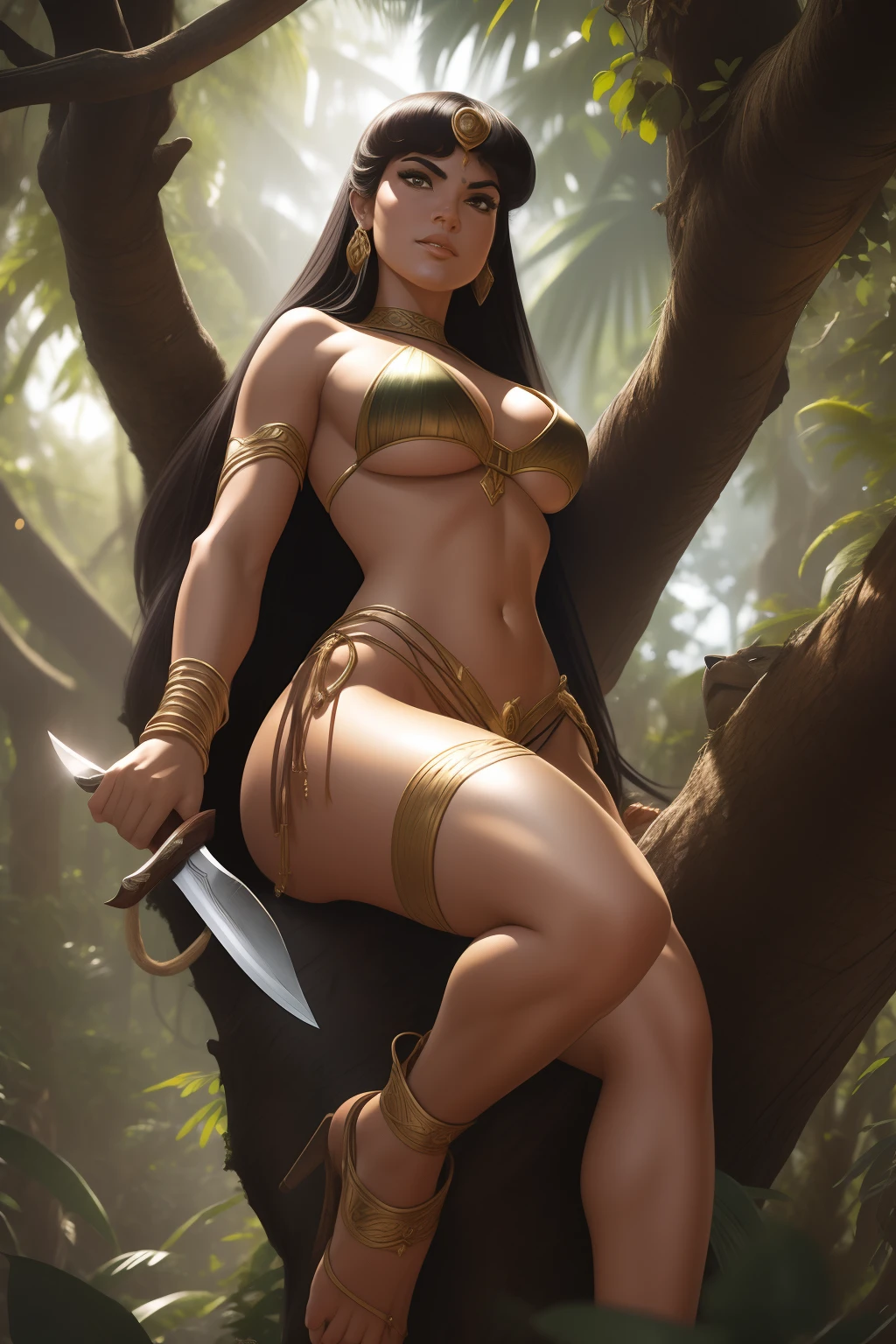 ((SFW))Arte estilo john Buscema,A close-up of Sheena, the queen of the jungle, on top of a tree, watching her enemies who dare to hunt in her jungle;, She is towering holding a sharp-edged knife.((SFW))