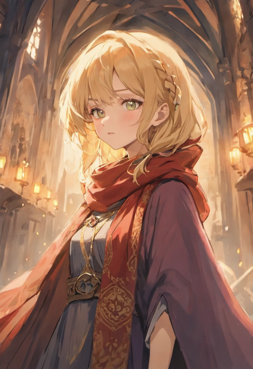 (woman,blond hair,scarf,medieval fantasy costume), (best quality art)