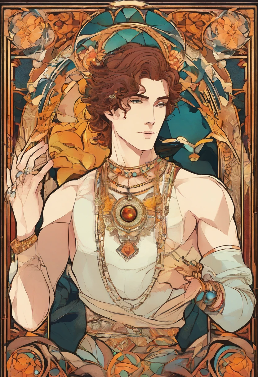 Brent, Male, medium length curly hair with a twist, wearing sleeveless top with beads and a fantasy elf-like skirt with brown loffers, circle braclets, wrapped in vines with roses, colors are fire-brick light-yellow and cornsilk, ethereal fantasy mist, masterpiece, best quality