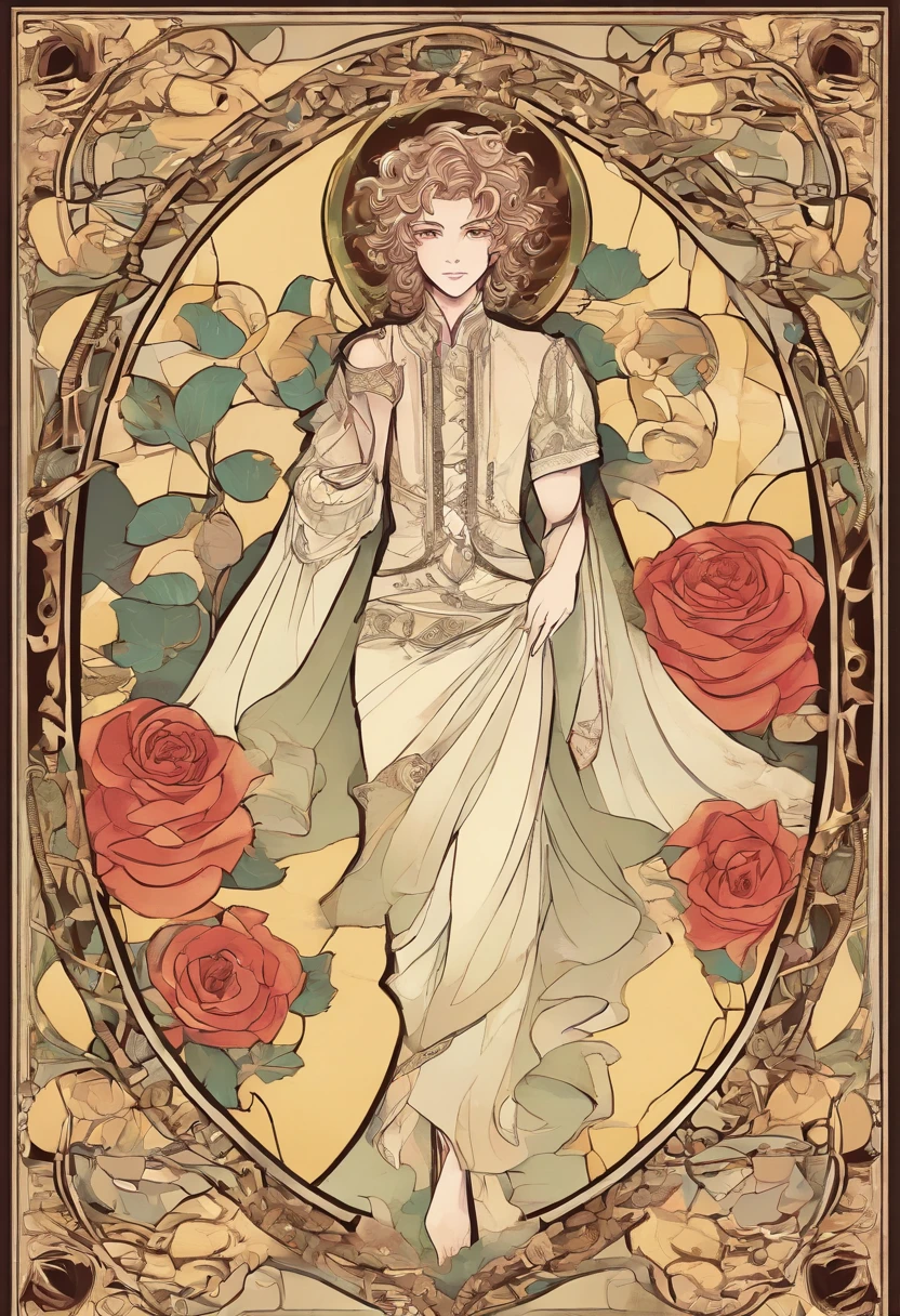 Brent, Male, medium length curly hair with a twist, wearing sleeveless top with beads and a fantasy elf-like skirt with brown loffers, circle braclets, wrapped in vines with roses, colors are fire-brick light-yellow and cornsilk, ethereal fantasy mist, masterpiece, best quality