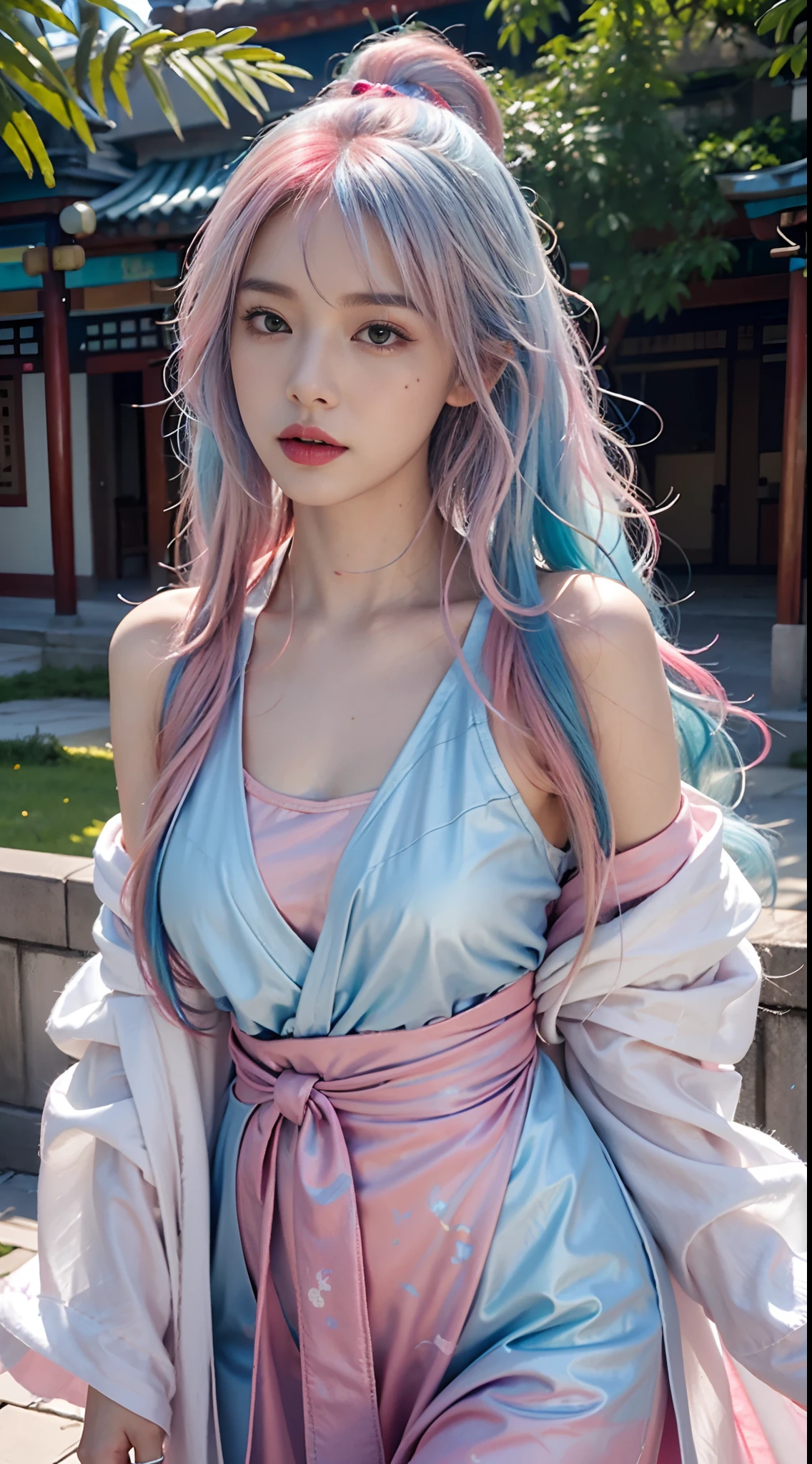 1girll, aqua hair, Detached sleeves, hair adornments, Japanese clothes, komono, Long hair, Obi, Pink kimono, sash, Sitting, Solo, double tails, Wide sleeves, (((indoor:1.33))), (((Simple room:1.33))), ((( Sitting on the bed:1.33))), Smiling, (((Underarms:1.33))), ((Long hair:1.21)), (Masterpiece,Best quality:1.5)