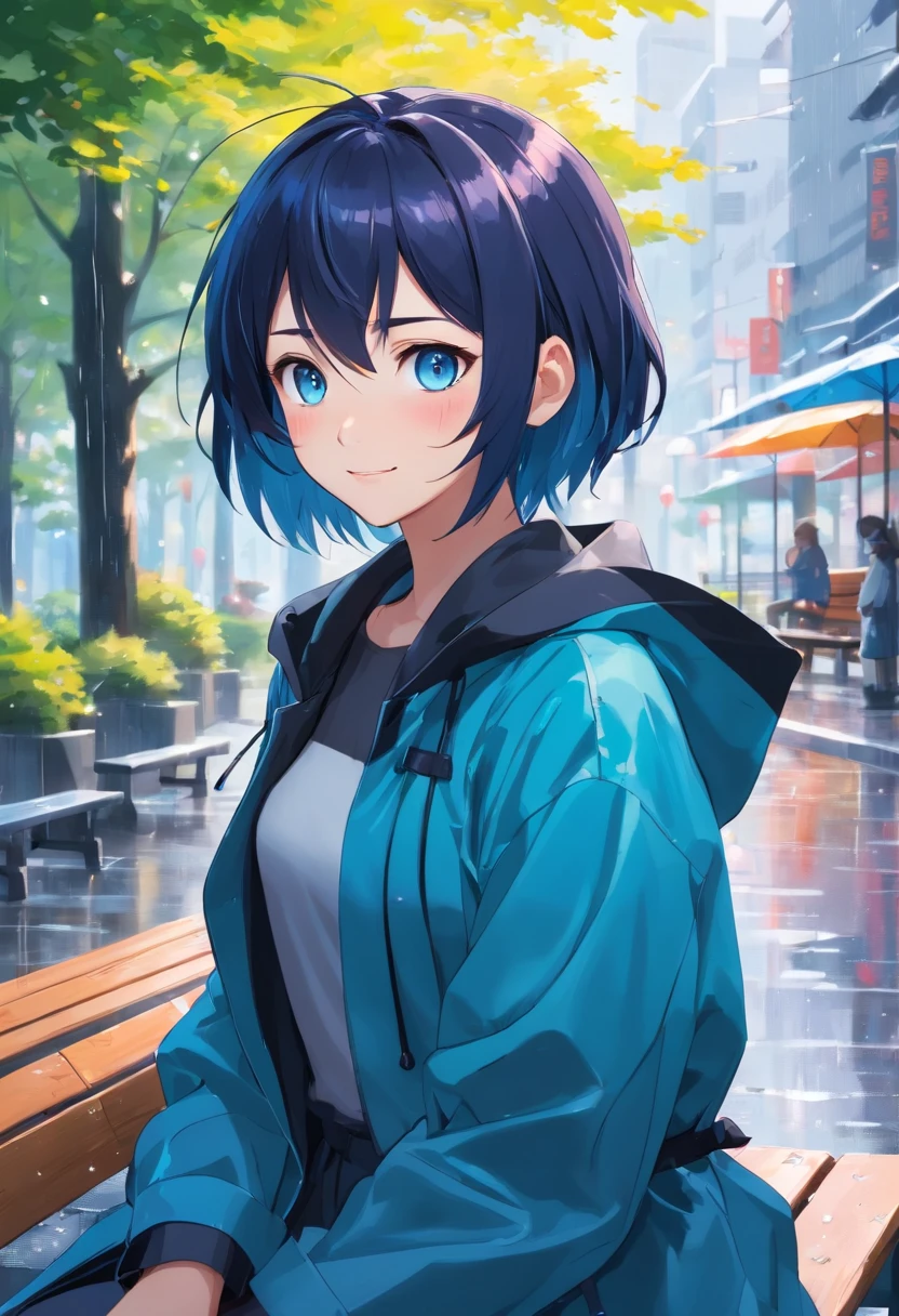 top-quality, masterpiece, ultra-detailliert, girl with, 独奏, evil smile,Blue eyes,(Black and blue mesh hair), (raincoat), (Park bench in rain),short-cut, multicolored hair, autofocus、a pixie cut
