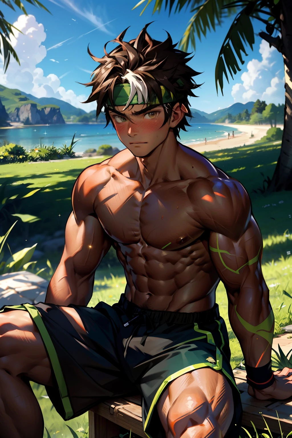 (Masterpiece, Best quality 12 year old boy，Shota), 1boys, Young,Muscular, Short hair, with brown eye, Intricate, Grass, full bodyesbian, Shirtless, Muscles sparkle in the sun,Black shorts,  green headband, Vivid colors,(Depth of field:1.2),(Abs),Blush, view the viewer, Sit on grass,
