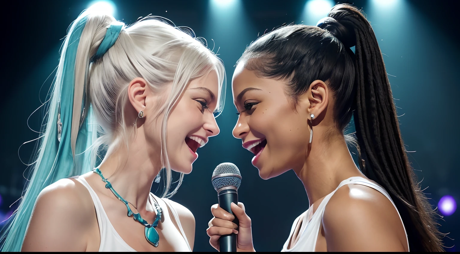 (Ponytail hairstyle), (Ponytail hairstyle), (Ponytail hairstyle), (whaite hair:1.5), Beautiful white hair with long hair, Abundant long white hair, (Woman in her 40s), (Woman in her 40s), (Woman in her 40s), (Caucasian), (Caucasian), (Caucasian), (Caucasian), (Caucasian), (Caucasian), (white skinned:1.3) , (white skinned:1.3), (white skinned:1.3), (white skinned:1.3), (skin luster: 1.5,), (skin luster: 1.5,), (skin luster: 1.5,), (American actress Elena Camporis) femele: 40yearsold , White skin, (Black tank top shirt), (Ripped jean shorts), (Black tank top shirt), (Ripped jean shorts), (Ripped jean shorts), Fine details, Front view, Medium Tits, Blue Eyes, (Small hips), (slim thigh), , Sorrisos, Sorrisos, Sorrisos. (Medium Tits), (Large and delicate eyes), (turquoise Eyes), (Sorrisos), (Medium Tits), (Large and delicate eyes), (turquoise Eyes), (Sorrisos, (Medium Tits), (Large and delicate eyes), (turquoise Eyes), (Large and delicate eyes), (Sorrisos), (Large and delicate eyes), (Sorrisos), (Large and delicate eyes), (Large and delicate eyes), (Large and delicate eyes), (Large and delicate eyes), (Large and delicate eyes), (Large and delicate eyes), (Reggae style), (Hip-hop style), (Reggae style), (Hip-hop style), (Reggae style), (Hip-hop style), (Lights on the face), (Lights on the face), (Lights on the face), (frontlit), (frontlit), (frontlit), (frontlit), (frontlit), (Sorrisos), (Sorrisos), (Sorrisos), (Two women holding microphones look at each other and sing), (Two women holding microphones look at each other and sing), (Two women holding microphones look at each other and sing), (Two women holding microphones look at each other and sing), (Two women holding microphones look at each other and sing), (Two women holding microphones look at each other and sing), (Singing on the club stage), (dark lighting), (Singing on the club stage), (dark lighting), (Singing on the club stage), (dark lighting)
