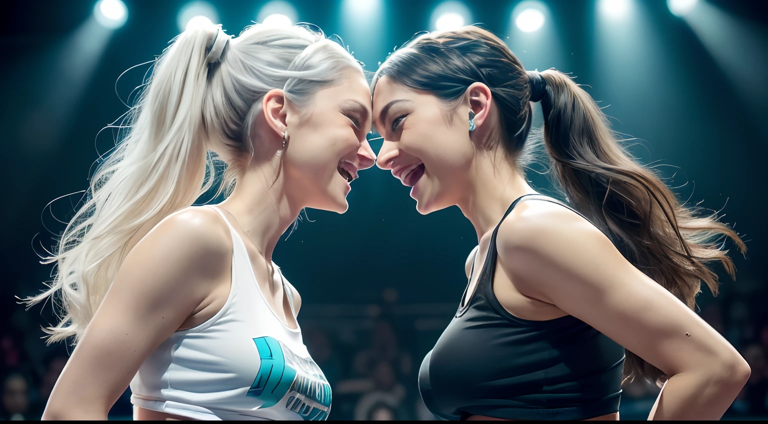 (Ponytail hairstyle), (Ponytail hairstyle), (Ponytail hairstyle), (whaite hair:1.5), Beautiful white hair with long hair, Abundant long white hair, (Woman in her 40s), (Woman in her 40s), (Woman in her 40s), (Caucasian), (Caucasian), (Caucasian), (Caucasian), (Caucasian), (Caucasian), (white skinned:1.3) , (white skinned:1.3), (white skinned:1.3), (white skinned:1.3), (skin luster: 1.5,), (skin luster: 1.5,), (skin luster: 1.5,), (American actress Elena Camporis) femele: 40yearsold , White skin, (Black tank top shirt), (Ripped jean shorts), (Black tank top shirt), (Ripped jean shorts), (Ripped jean shorts), Fine details, Front view, Medium Tits, Blue Eyes, (Small hips), (slim thigh), , Sorrisos, Sorrisos, Sorrisos. (Medium Tits), (Large and delicate eyes), (turquoise Eyes), (Sorrisos), (Medium Tits), (Large and delicate eyes), (turquoise Eyes), (Sorrisos, (Medium Tits), (Large and delicate eyes), (turquoise Eyes), (Large and delicate eyes), (Sorrisos), (Large and delicate eyes), (Sorrisos), (Large and delicate eyes), (Large and delicate eyes), (Large and delicate eyes), (Large and delicate eyes), (Large and delicate eyes), (Large and delicate eyes), (Reggae style), (Hip-hop style), (Reggae style), (Hip-hop style), (Reggae style), (Hip-hop style), (Lights on the face), (Lights on the face), (Lights on the face), (frontlit), (frontlit), (frontlit), (frontlit), (frontlit), (Sorrisos), (Sorrisos), (Sorrisos), (Two women holding microphones look at each other and sing), (Two women holding microphones look at each other and sing), (Two women holding microphones look at each other and sing), (Two women holding microphones look at each other and sing), (Two women holding microphones look at each other and sing), (Two women holding microphones look at each other and sing), (Singing on the club stage), (dark lighting), (Singing on the club stage), (dark lighting), (Singing on the club stage), (dark lighting)