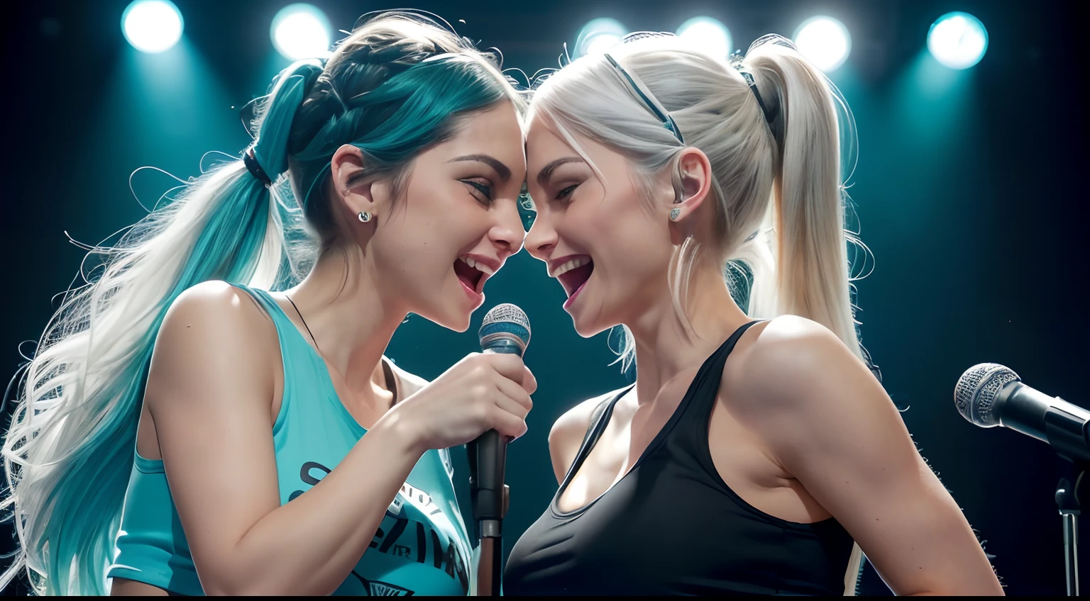 (Ponytail hairstyle), (Ponytail hairstyle), (Ponytail hairstyle), (whaite hair:1.5), Beautiful white hair with long hair, Abundant long white hair, (Woman in her 40s), (Woman in her 40s), (Woman in her 40s), (Caucasian), (Caucasian), (Caucasian), (Caucasian), (Caucasian), (Caucasian), (white skinned:1.3) , (white skinned:1.3), (white skinned:1.3), (white skinned:1.3), (skin luster: 1.5,), (skin luster: 1.5,), (skin luster: 1.5,), (American actress Elena Camporis) femele: 40yearsold , White skin,  (Black tank top shirt), (Ripped jean shorts),  (Black tank top shirt), (Ripped jean shorts),   (Ripped jean shorts), Fine details, Front view, Medium Tits,  Blue Eyes, (Small hips), (slim thigh), , Sorrisos, Sorrisos, Sorrisos. (Medium Tits), (Large and delicate eyes), (turquoise Eyes), (Sorrisos), (Medium Tits), (Large and delicate eyes), (turquoise Eyes), (Sorrisos, (Medium Tits), (Large and delicate eyes), (turquoise Eyes), (Large and delicate eyes), (Sorrisos), (Large and delicate eyes), (Sorrisos), (Large and delicate eyes), (Large and delicate eyes), (Large and delicate eyes), (Large and delicate eyes), (Large and delicate eyes), (Large and delicate eyes), (Reggae style), (Hip-hop style), (Reggae style), (Hip-hop style), (Reggae style), (Hip-hop style), (Lights on the face), (Lights on the face), (Lights on the face), (frontlit), (frontlit), (frontlit), (frontlit), (frontlit), (Sorrisos), (Sorrisos), (Sorrisos),  (Two women holding microphones look at each other and sing), (Two women holding microphones look at each other and sing), (Two women holding microphones look at each other and sing), (Two women holding microphones look at each other and sing), (Two women holding microphones look at each other and sing), (Two women holding microphones look at each other and sing), (Singing on the club stage), (dark lighting), (Singing on the club stage), (dark lighting), (Singing on the club stage), (dark lighting)