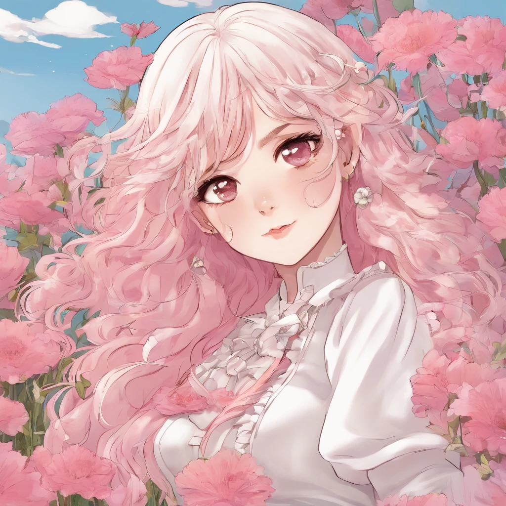 white color hair，Pink Long Curly Hair，Hazel Eyes，White Lolita，Beth，grass field