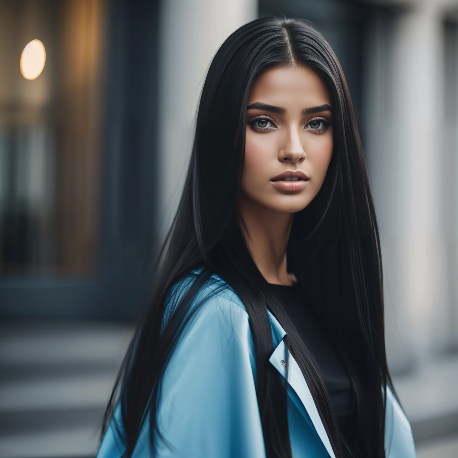 Mulher com longos cabelos pretos e casaco azul posando para uma foto, Girl with long black hair, foto retrato suave 8k, mulher nova com cabelo escuro longo, foto de uma mulher bonita, Retrato de um modelo bonito, fino lustroso cabelo escuro longo, modelo de moda elegante, rosto detalhado, rosto atraente, rosto bonito, modelo feminino bonito, Girl with black hair, penteado liso, vika bronova 8k