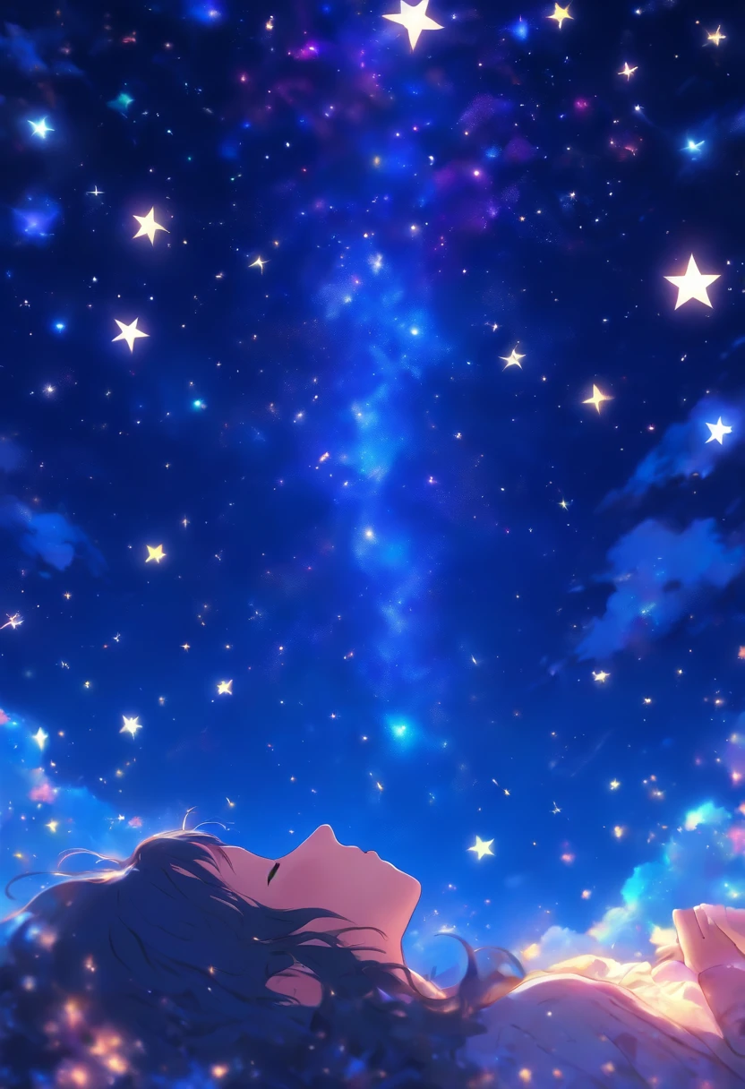 night sky full of stars、Beautiful sleeping face woman、
