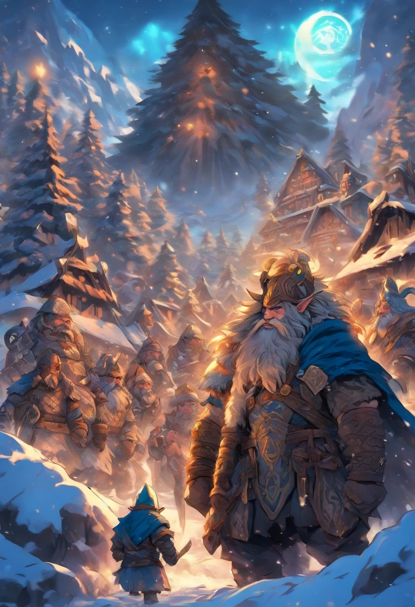 the best quality, very high resolution, detailed 4K CG, master piece, dwarves, four dwarves, viking dwarves,norse, dwarf man, rune tattoos, snow, tall trees, blue sky, Norse mythology, Rune Tattoo, beautiful aesthetic, beautiful image , centralized camera