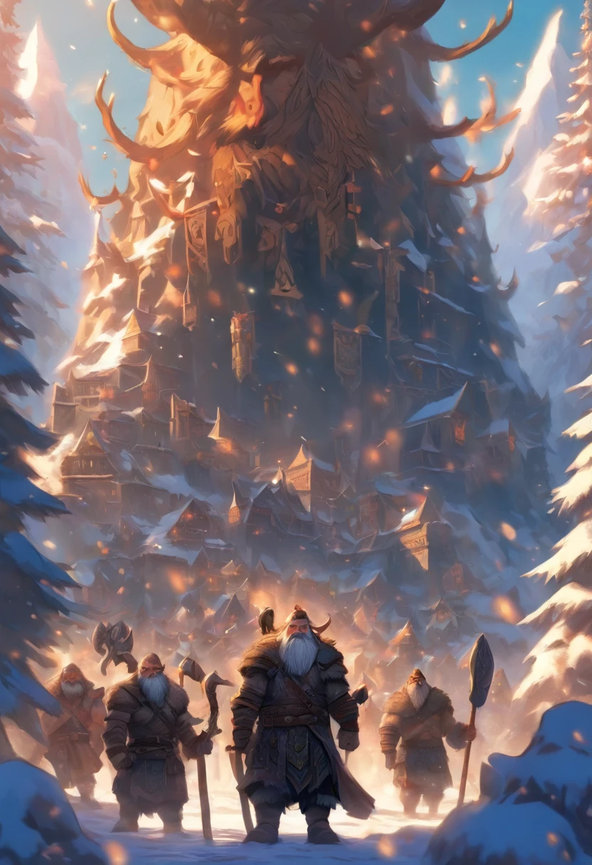 the best quality, very high resolution, detailed 4K CG, master piece, dwarves, four dwarves, viking dwarves,norse, dwarf man, rune tattoos, snow, tall trees, blue sky, Norse mythology, Rune Tattoo, beautiful aesthetic, beautiful image , centralized camera