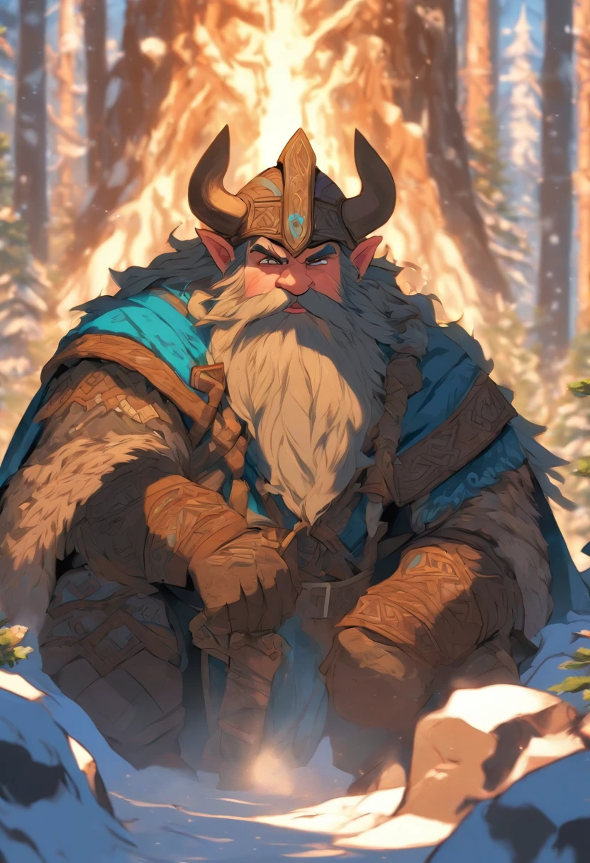 the best quality, very high resolution, detailed 4K CG, master piece, dwarves, four dwarves, viking dwarves,norse, dwarf man, rune tattoos, snow, tall trees, blue sky, Norse mythology, Rune Tattoo, beautiful aesthetic, beautiful image , centralized camera