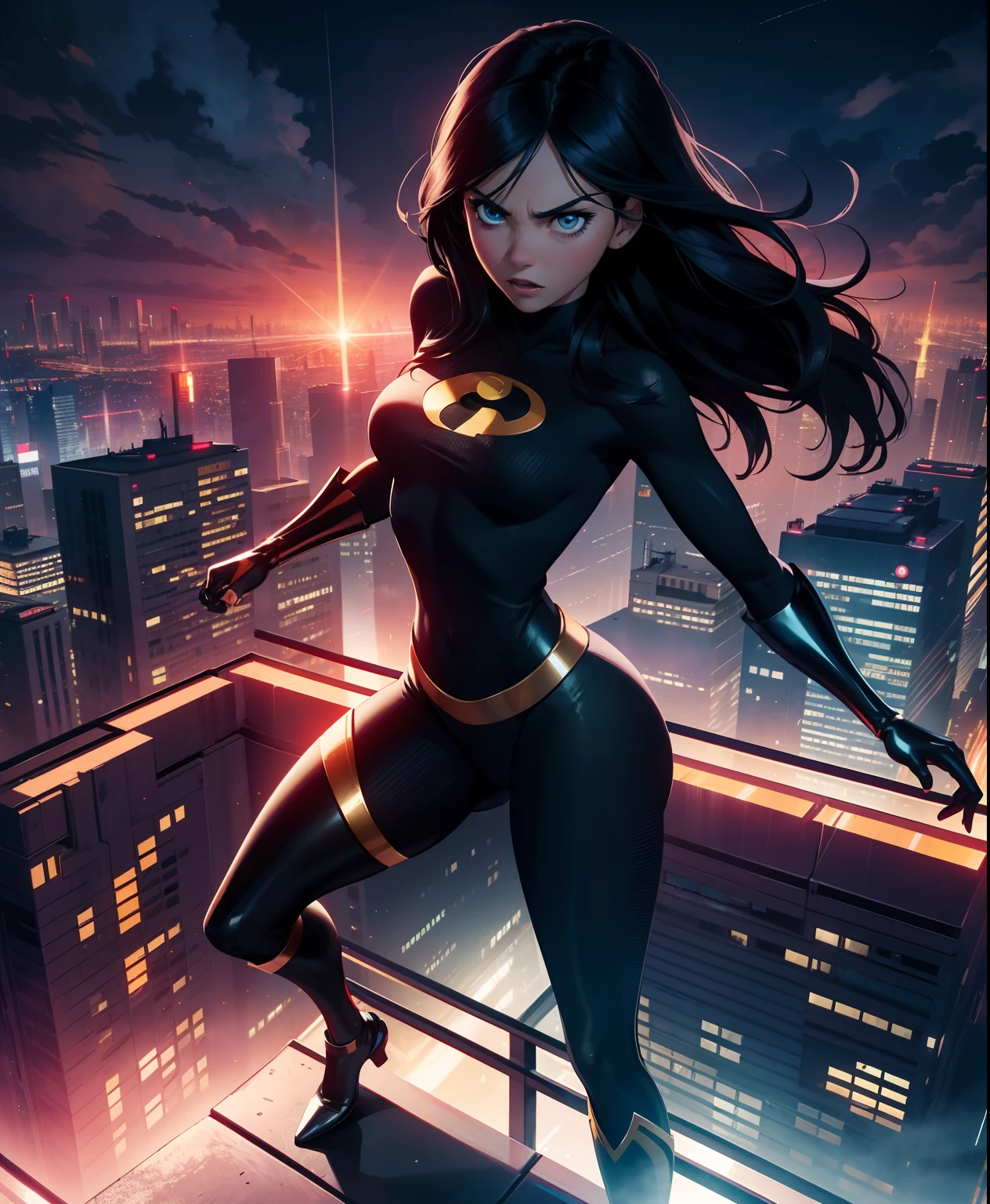 best quality,realistic,detailed,portrait,girl,superhero,in action,with intense expression,striking eyes,shiny black hair,shapely legs,in a dynamic pose,with vibrant colors,with dramatic lighting,standing on a rooftop,cityscape in the background,with a sense of power and confidence