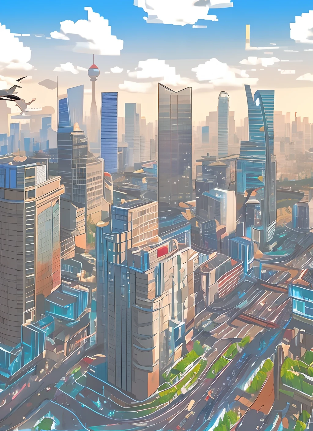 Pixel wind，Pokémon，shanghai，City vistas，moderno，Skysky，urban street scene，Continuous buildings