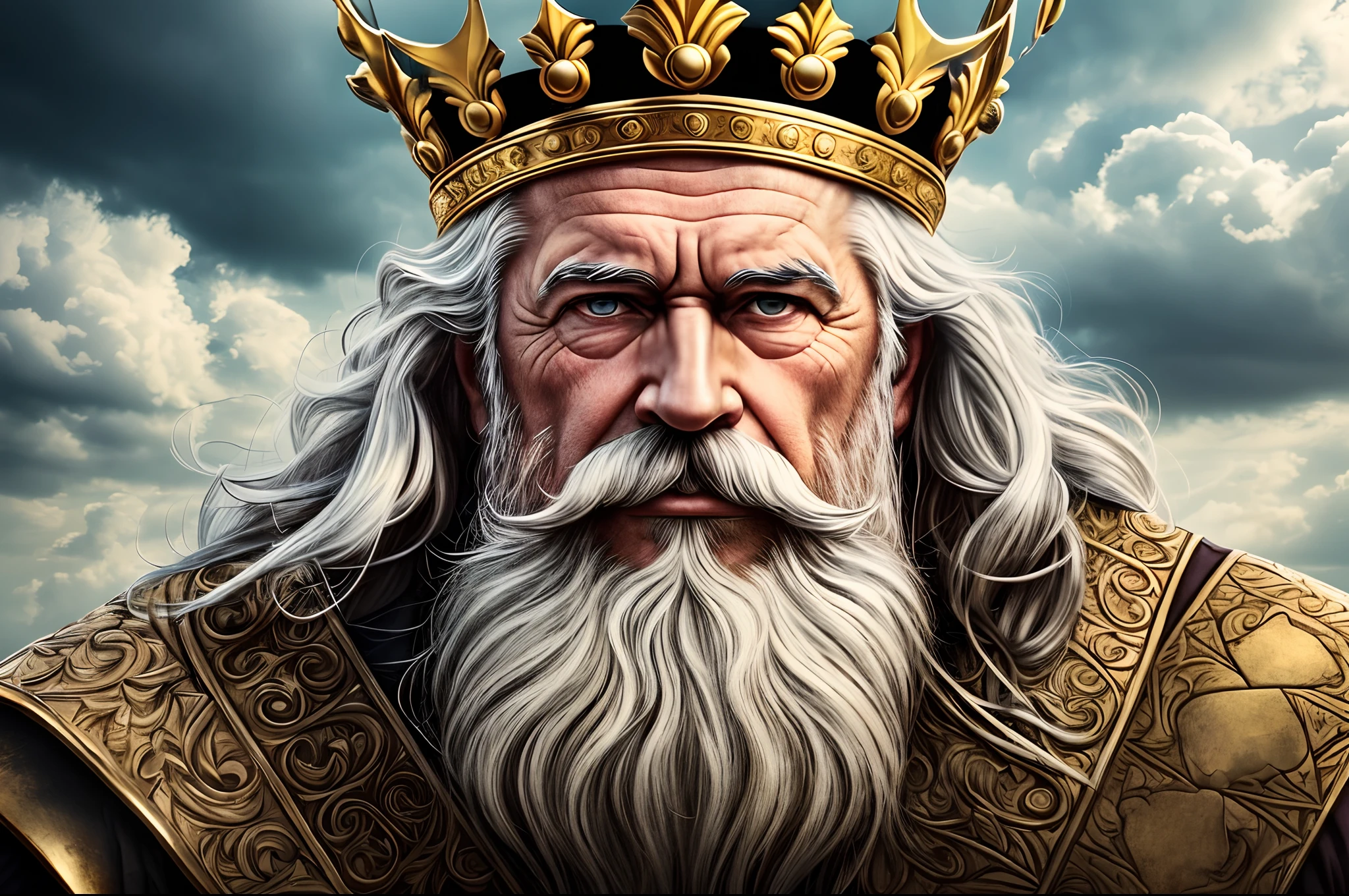 a man with a long white beard and king's crown in front of a cloudy sky, a digital representation, by Alexander Kucharsky, winner of the pixabay contest, epic biblical representation, portrait of an old man, god of thunder, cinematic realistic photo --auto --s2