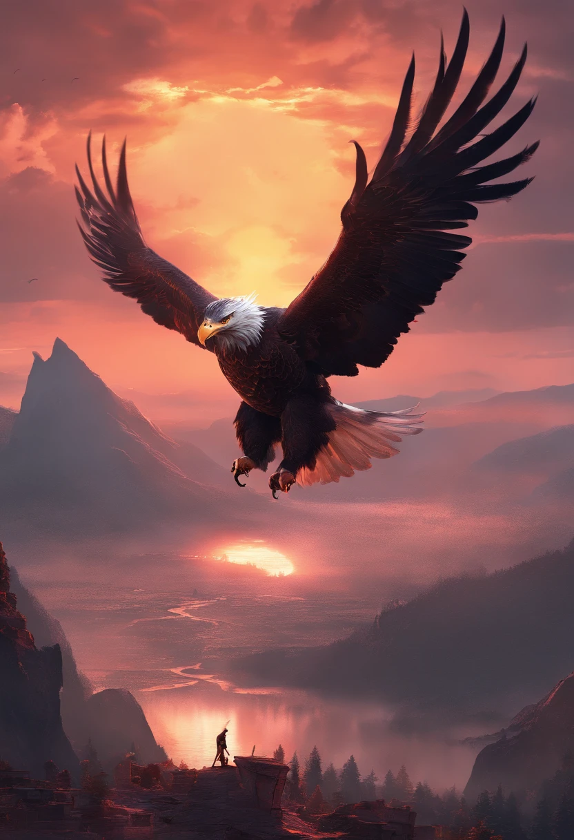 (extremely detailed CG unit8k wallpaper, Master parts, Best quality), amazing sunset, The eagle flies over the horizon.