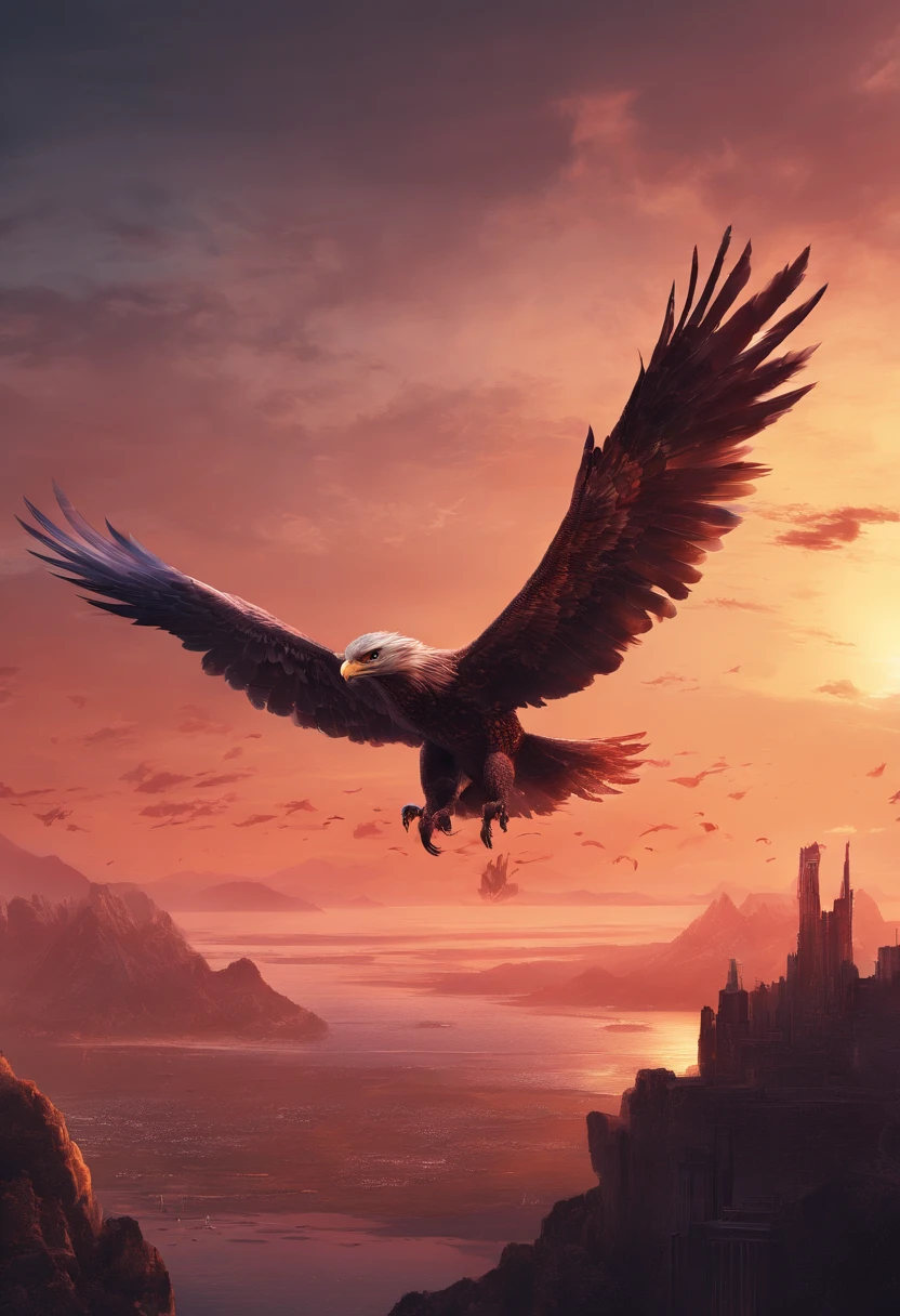 (extremely detailed CG unit8k wallpaper, Master parts, Best quality), amazing sunset, The eagle flies over the horizon.