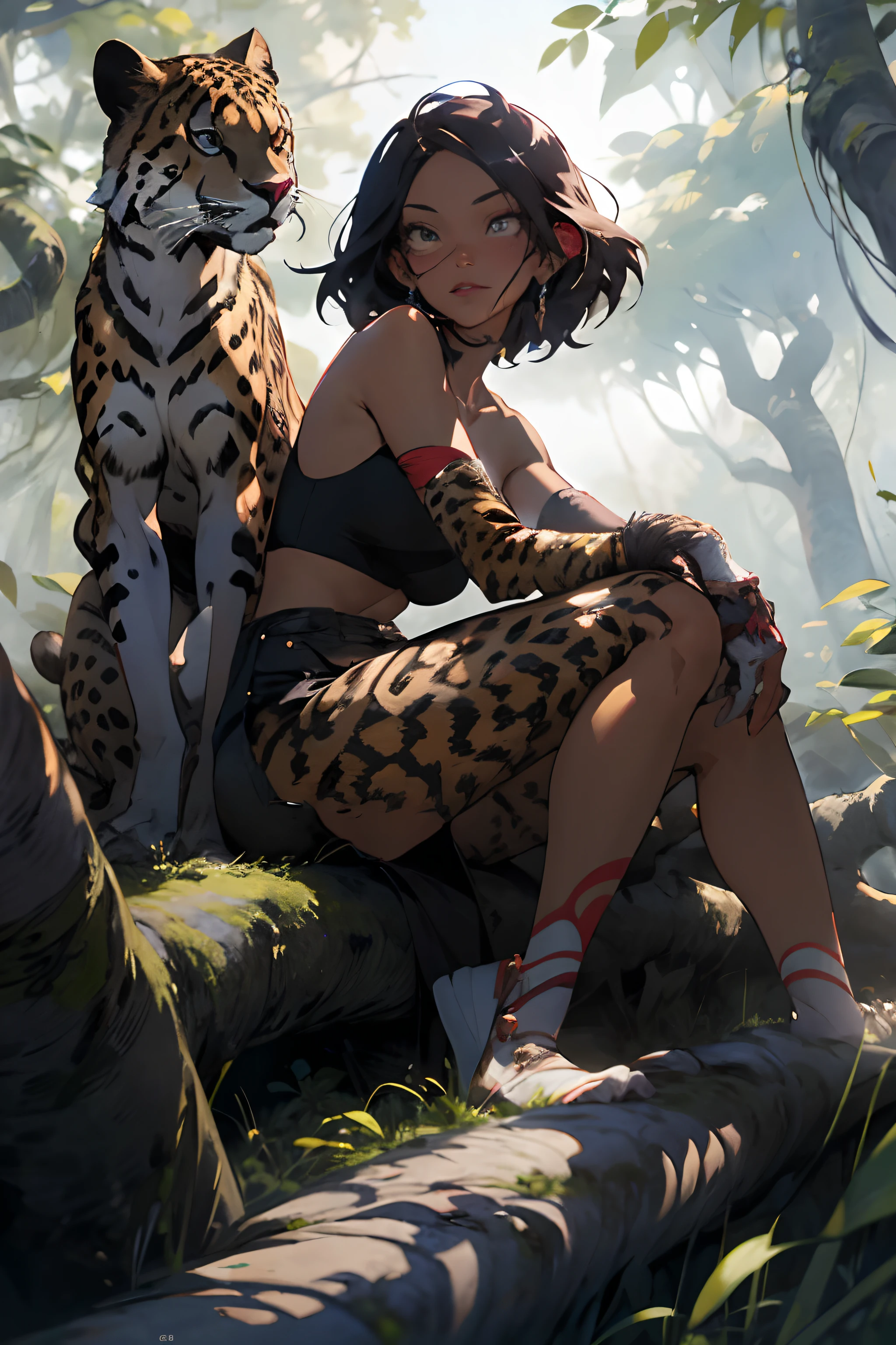 Create the iconic character cheetara from series "Thunder cats", She is a humanoid cheetah characterized by her fierce nature. Imagine her sitting on a branch deep in a forest, Create a captivating moment to pay homage to her character, highly detailed, illustration, masterpiece trending illustration on pixiv , beautiful landscape