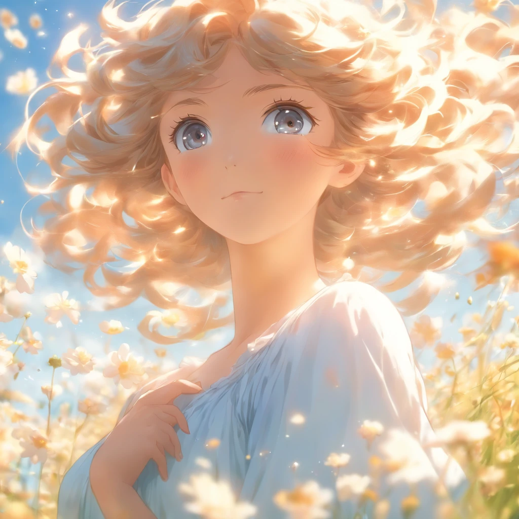 full bodyesbian、Angle from below、Hair fluttering in the wind of white color、Hazel Eyes、Wearing a light blue dress、flower  field