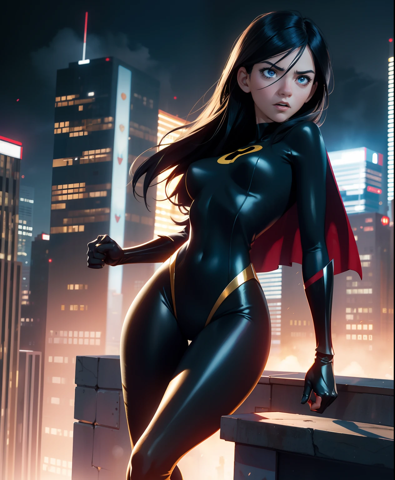 best quality,realistic,detailed,portrait,girl,superhero,in action,with intense expression,striking eyes,shiny black hair,shapely legs,in a dynamic pose,with vibrant colors,with dramatic lighting,standing on a rooftop,cityscape in the background,with a sense of power and confidence