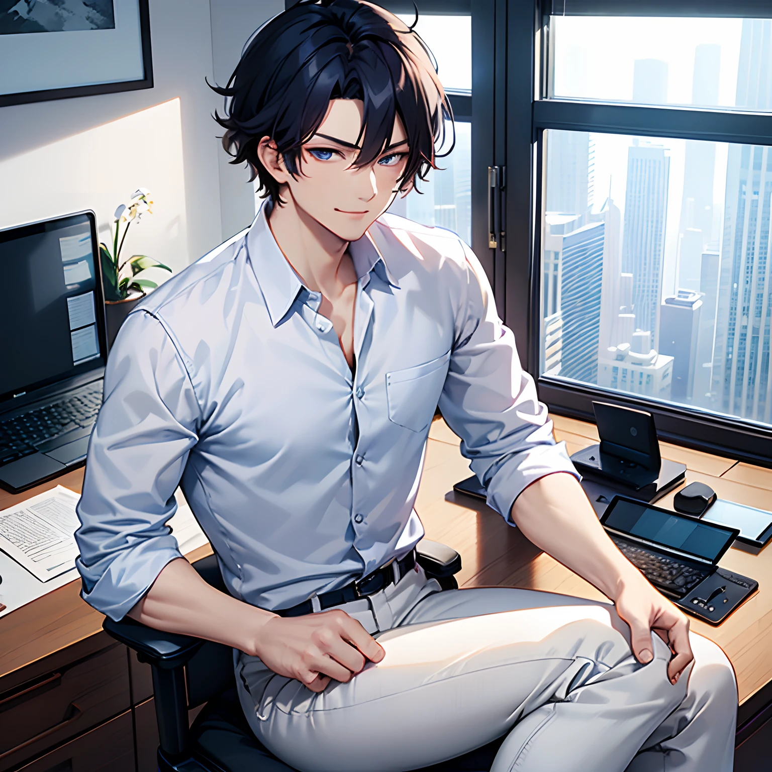 Masterpiece, best quality, highly detailed, Handsome korean man 28 year, messy hair sticking to forehead, intense looking, smirking, fair skin, slightly blue eyes, plain white shirt, navy blue pants, sleeves rolled to forearms,sitting at office chair, office vibes, desk in front, laptop, glass floor lenght window behind