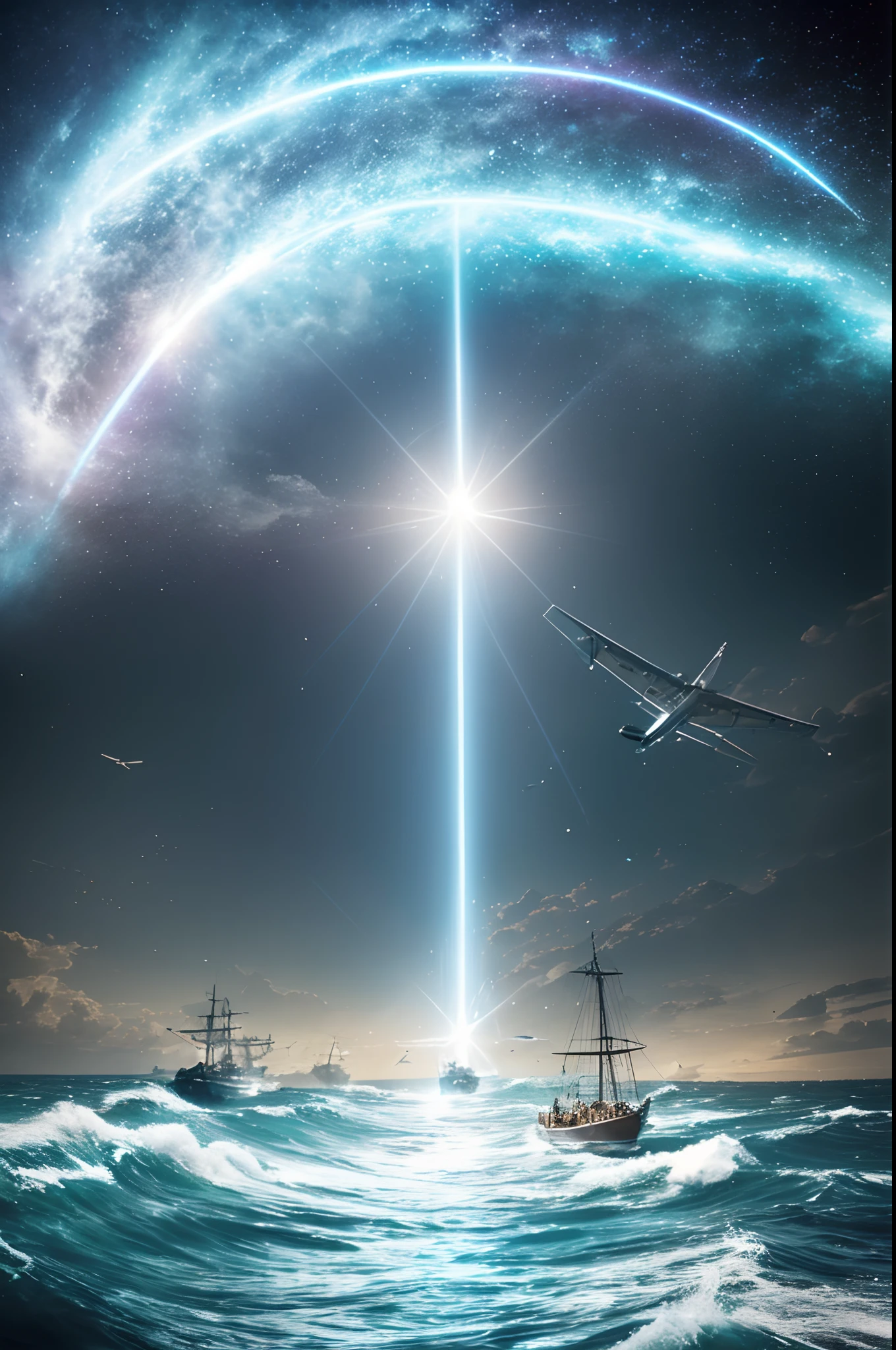 (La mejor calidad,4k,8k,Altas Resoluciones,Obra maestra:1.2),Ultra detallado,(realista,fotorrealista,fotorrealista:1.37),con barcos y aviones corriendo hacia el portal, surrounded by a halo of light and energy,Barcos y aviones son extremadamente detallados y realistas, Colores vibrantes y vivos, Las olas del mar rompiendo contra los barcos, nubes ondulantes en el cielo, Intense and dramatic perspective, aura brillante que emana del portal, Dynamic movement of ships and aircraft, reflejos brillantes en el agua, Ambiente encantador, cinematic lighting, Epic scale of the scene, Los barcos y aviones exudan potencia y velocidad, Una vista impresionante, Detalles intrincados de los patrones de las olas, Notes of adventure and exploration, a sense of anticipation and excitement, The portal shines with magical energy, Moving ships and planes add dynamism and action to the scene, A breathtaking view that captivates the viewer's imagination.