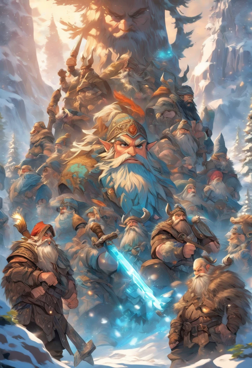 best quality, very high resolution, detailed 4K CG, master piece, dwarf, four dwarves, dwarf vikings,norse, dwarf man, rune tattoos, snow, tall trees, blue sky, norse mythology, rune tattoo, beautiful aesthetics, beautiful image , centralized camera