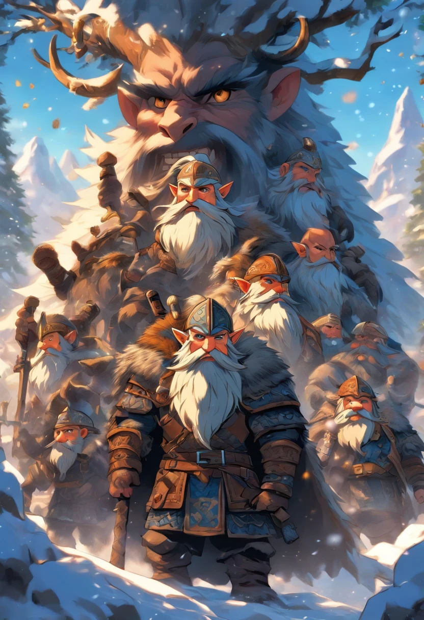 best quality, very high resolution, detailed 4K CG, master piece, dwarf, four dwarves, dwarf vikings,norse, dwarf man, rune tattoos, snow, tall trees, blue sky, norse mythology, rune tattoo, beautiful aesthetics, beautiful image , centralized camera