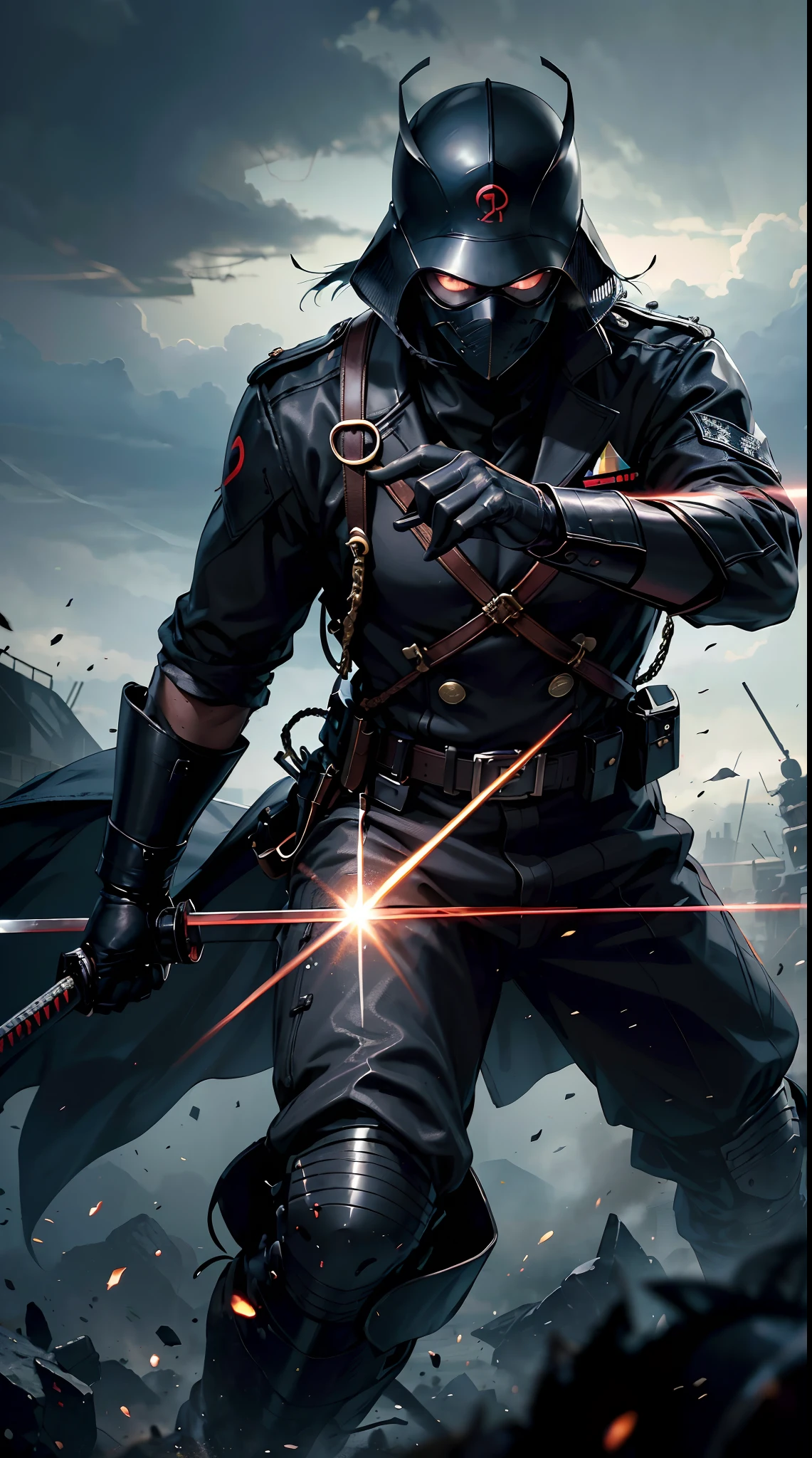 Grandpa holding a katana, Black WW2 Suits, General WW2 Hats, black mask, Soldiers in the background,Erythrocyte,HD Light & Dark, Balance Rendering, HD Lighting & Darkness )<=(Epic image quality)Dark atmosphere with bright particles of light(Lots of effects in the background)