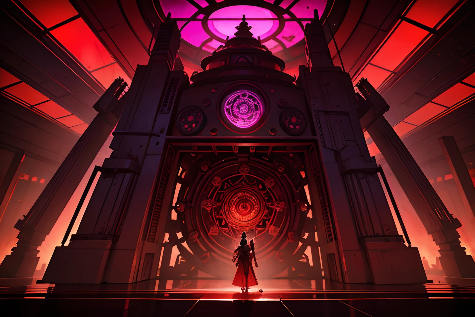 A Hindu mandala in the colors red purple and red, smoke, sinister, neon ambiance, abstract black oil, gear mecha, detailed acrylic, grunge, intricate complexity, rendered in unreal engine, photorealistic