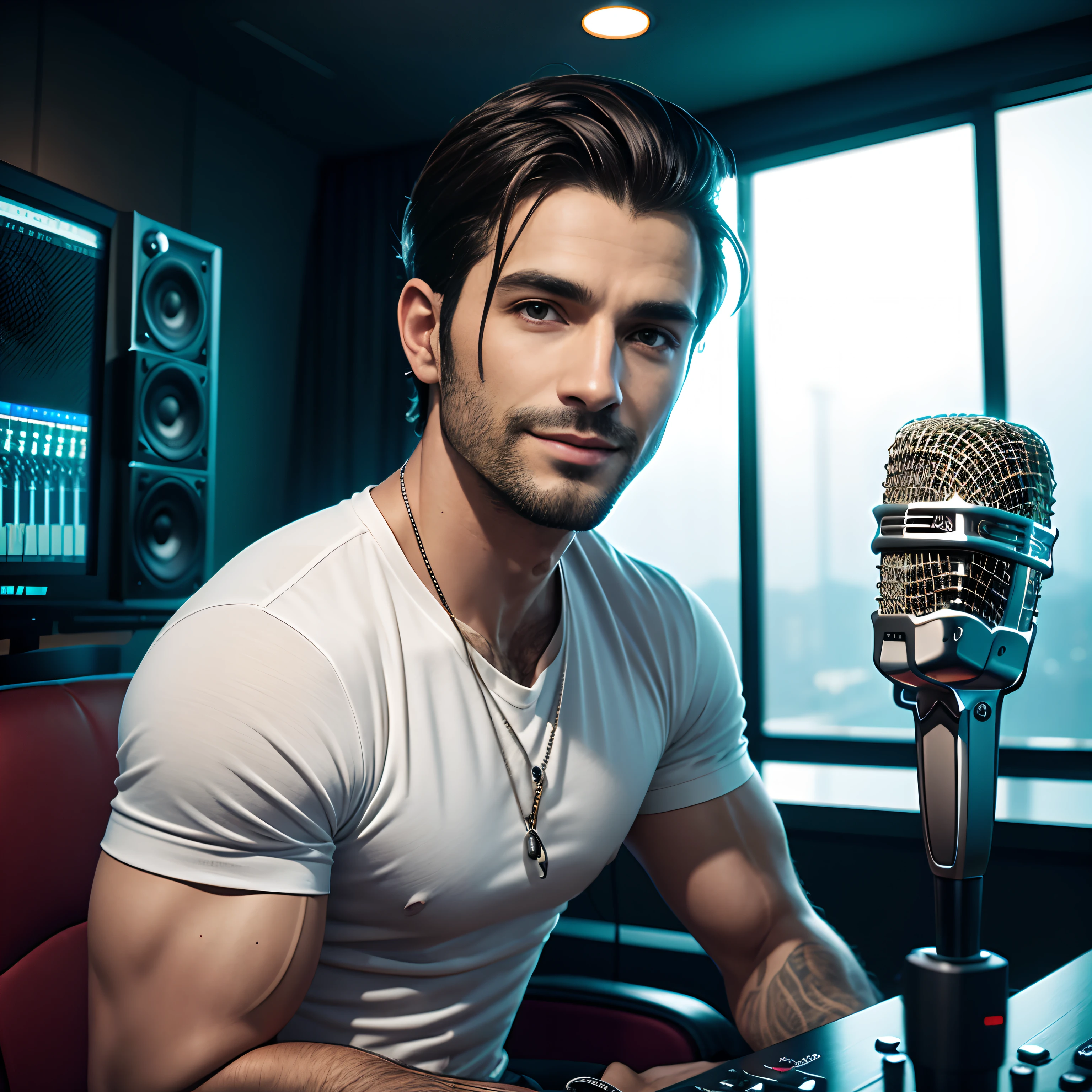 recording studio scenario, avatar masculino, Focus on the camera, homem magro, 34 anos, Cabelos escuros, corte de cabelo de asa delta, olhos castanhos escuros, Rosto redondo, nariz redondo, sorriso no rosto, Roupas estilo anos 90, sitting in front of a SHURE SM7B microphone on a counter, 4k, UHD, cinemactic