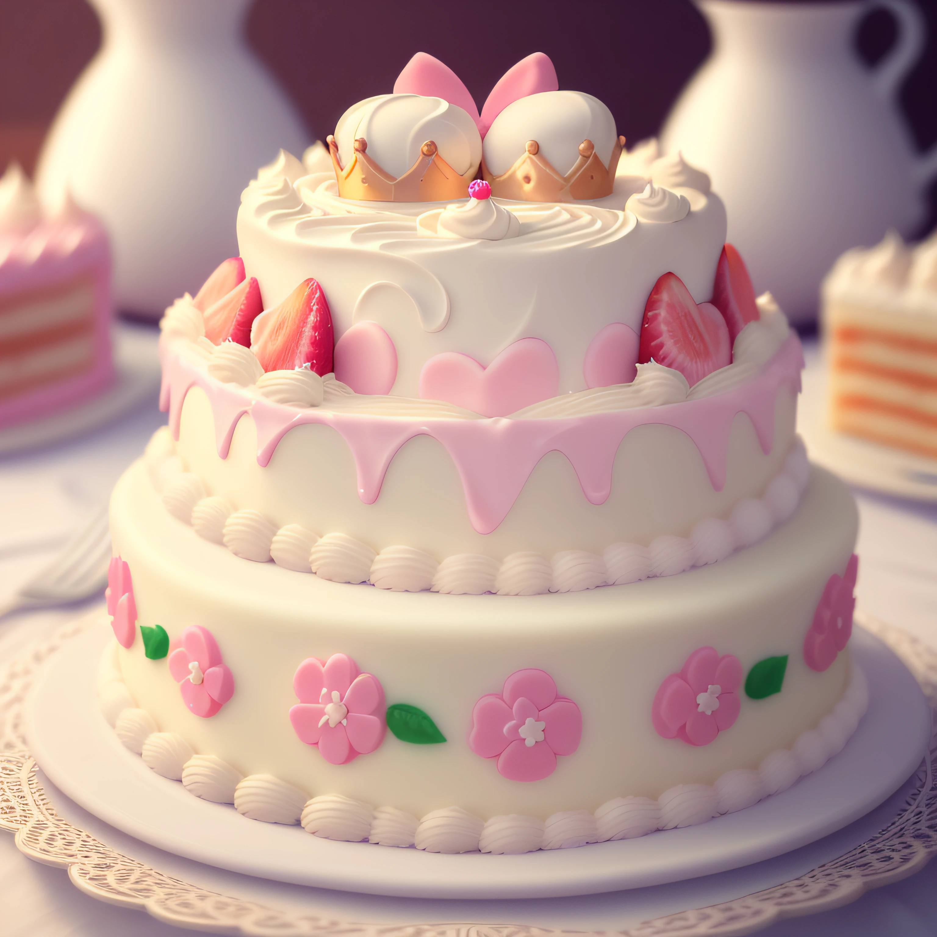 (raw photo), masterpiece, high quality, best quality, princess themed cake with cream on a plate, whole cake, colorful cake for girls, foodphoto, blurred background, full view, 8k, excellent quality.