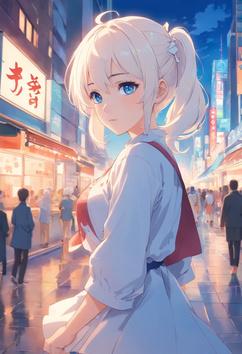 white color hair,double ponytail curls,blue color eyes,White Lolita,Beth,busy cityscape