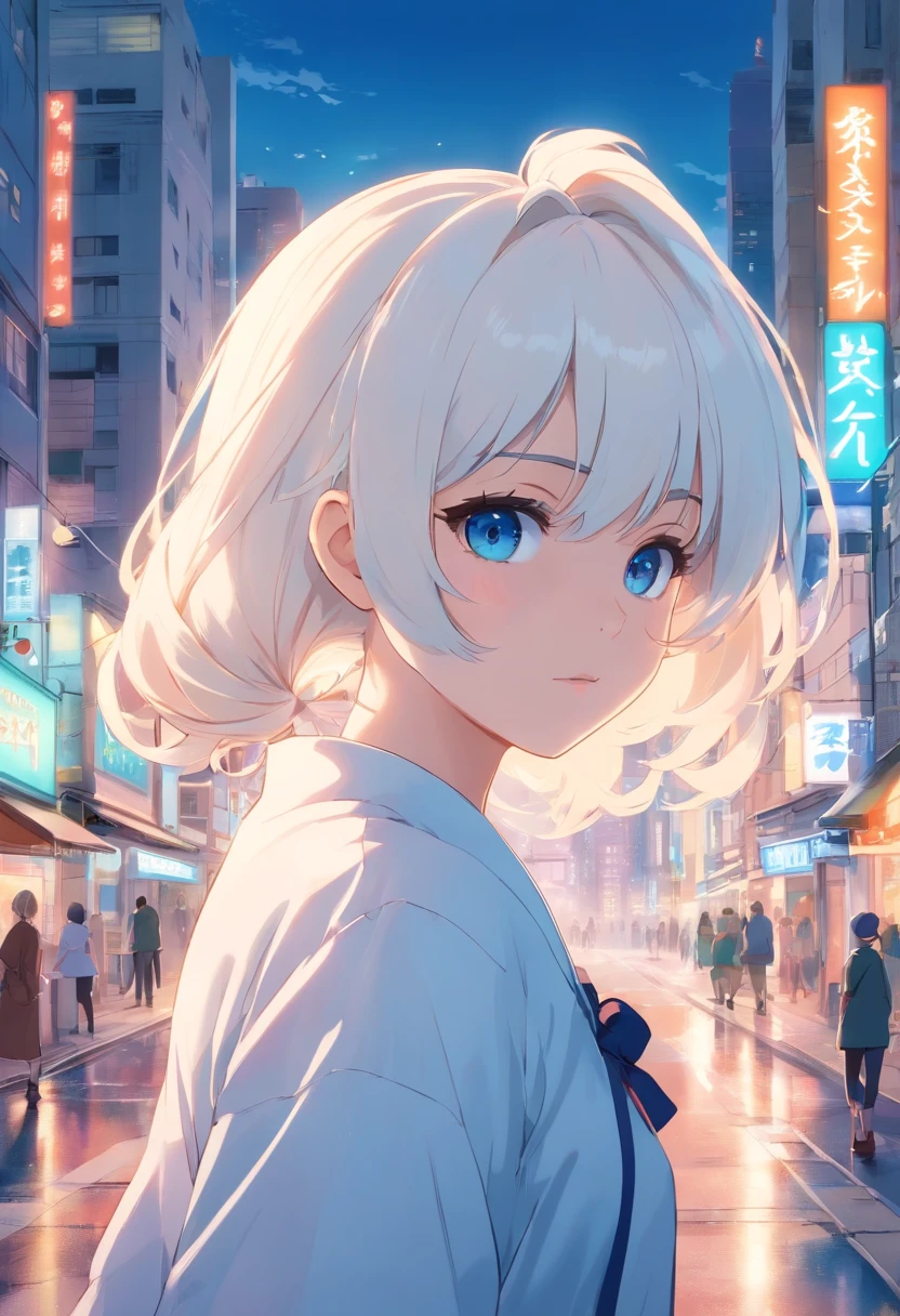 white color hair，double ponytail curls，blue color eyes，White Lolita，Beth，busy cityscape