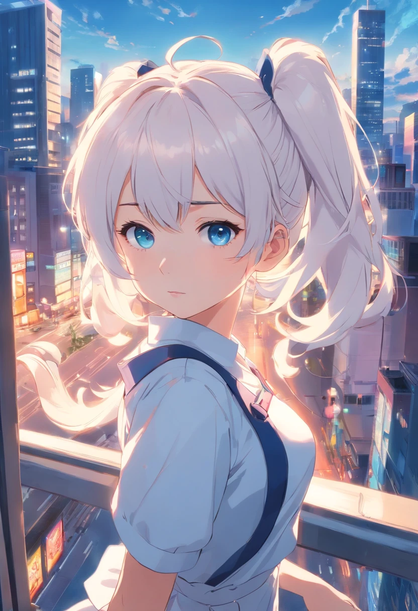 white color hair，double ponytail curls，blue color eyes，White Lolita，Beth，busy cityscape