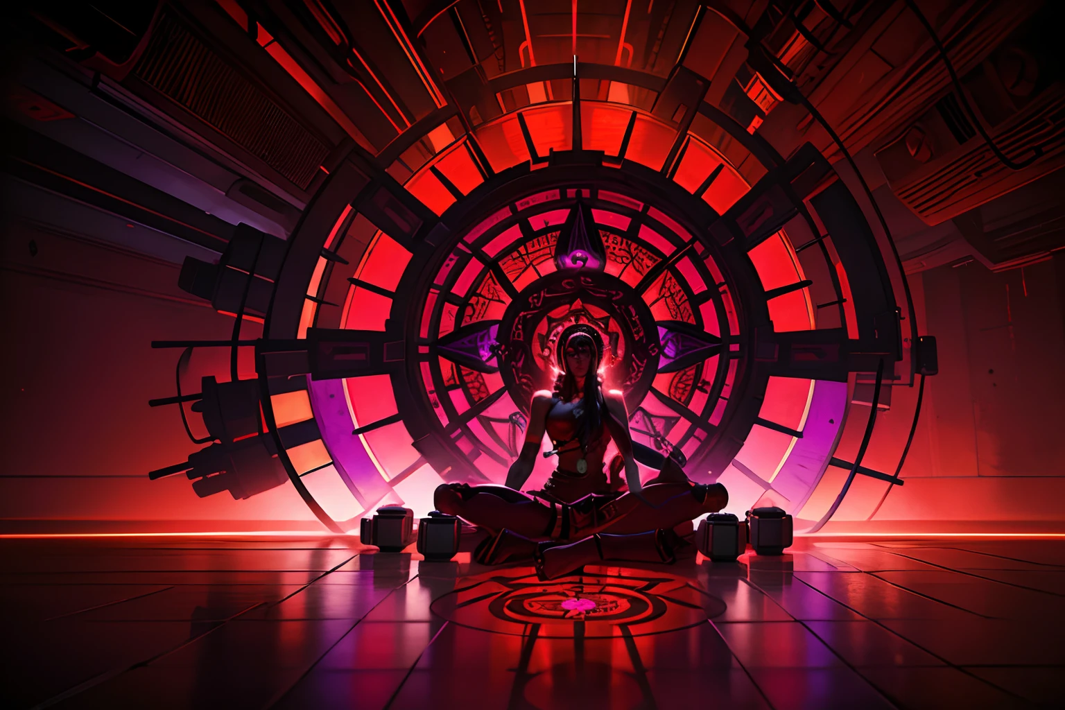 A Hindu mandala in the colors red purple and red, smoke, sinister, neon ambiance, abstract black oil, gear mecha, detailed acrylic, grunge, intricate complexity, rendered in unreal engine, photorealistic