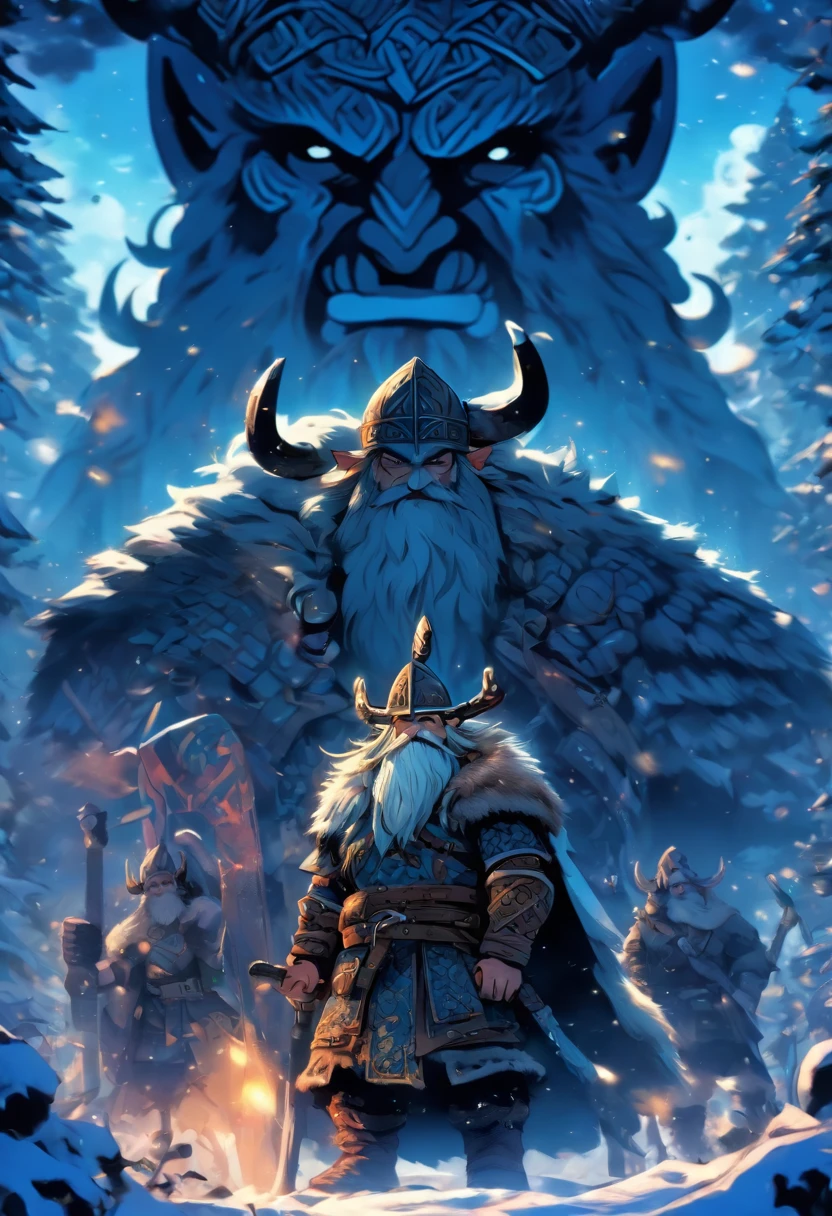 the best quality, very high resolution, detailed 4K CG, master piece, dwarf, dwarf Vikings, Norse, dwarf man, rune tattoos, snow, tall trees, blue sky, Norse Mythology, Rune Tattoo, beautiful aesthetics, Beautiful image, centered camera