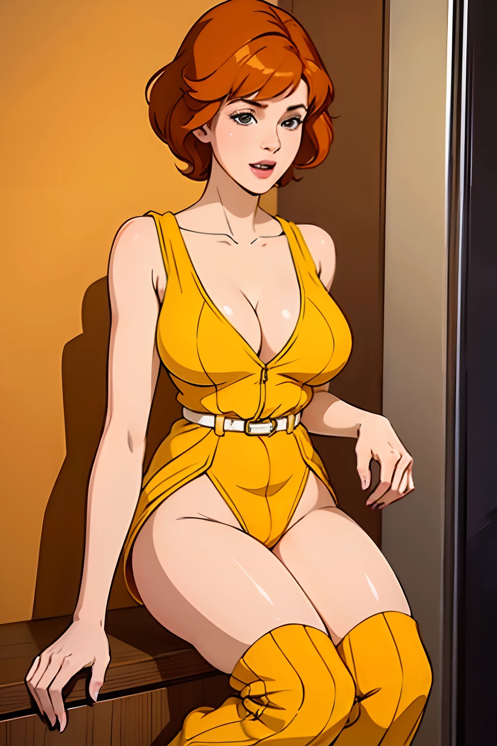 Full body, april o'neil, 1980s \(style\), brown hair, orange hair, retro artstyle, short hair, solo, yellow jumper suit, (naked_breasts:1.2), huge_breasts, cleavage, having sex