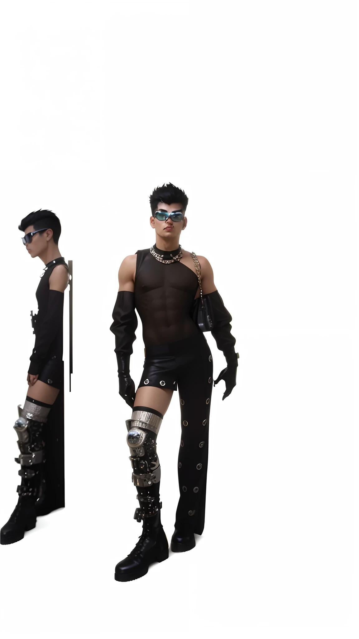 there is a man in a black suit and a mirror, hyper - goth, Steven Klein, Estilo Hajime Sorayama, inspirado em Zhu Da, arca album cover, cyborg foto de moda, Em um aliado cyber - punk, inspirado em Yasutomo Oka, gothic and futuristic, Estilo de Hajime Sorayama, Inspirado em Hajime Sorayama
