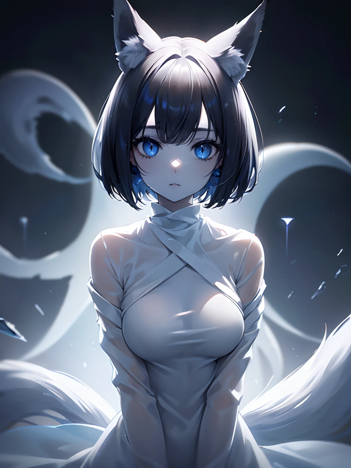 (masterpiece,best quality,ultra-detailed),1girl,short hair, black hair,(fox ears,fox tail),beautiful and detailed face, detailed eyes ,(grey and blue theme),night,fog,in the ghost town,(((ghost girl))), white skin,pale skin, white body suit